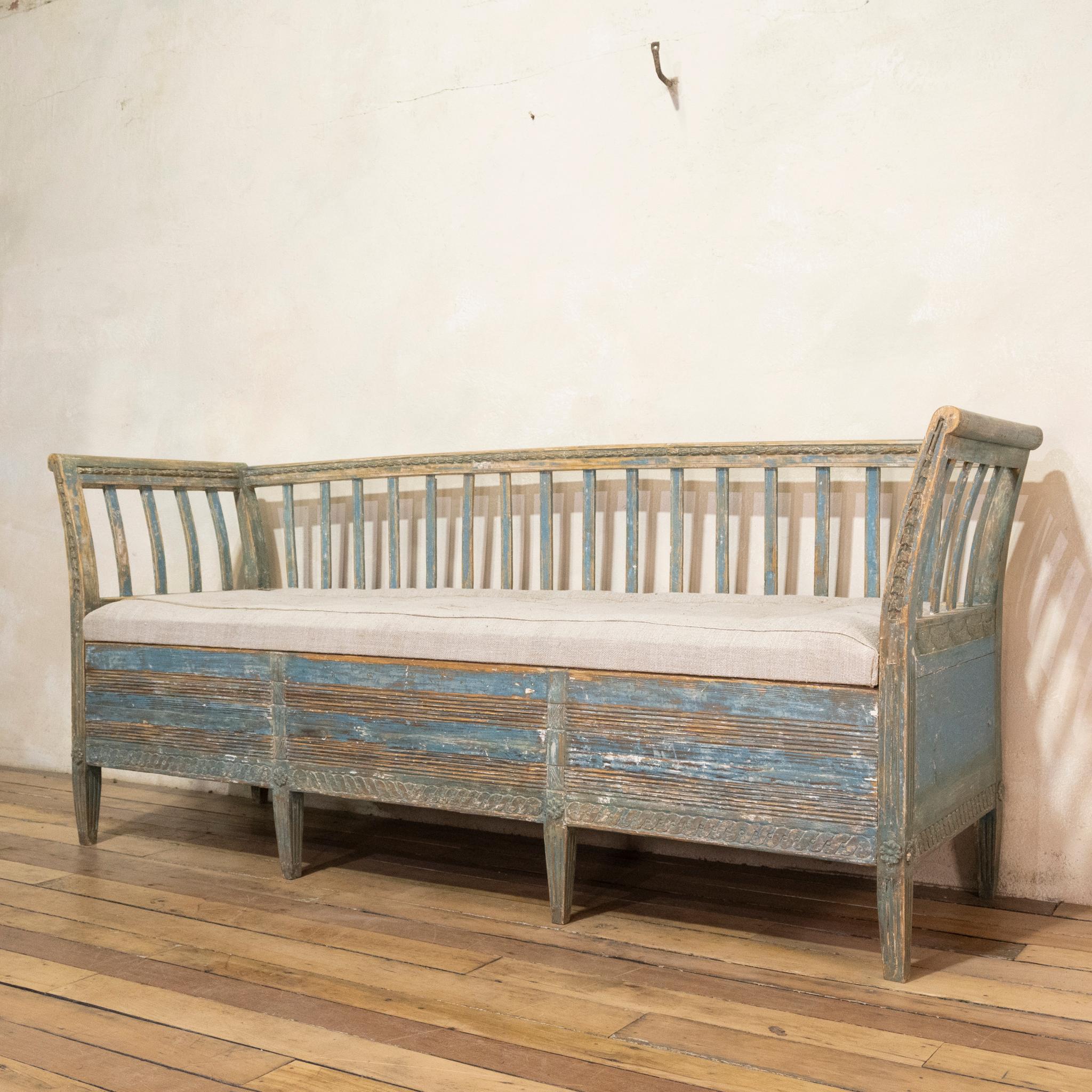18th Century Gustavian Swedish Sofa, Bench Original Blue Paint 4