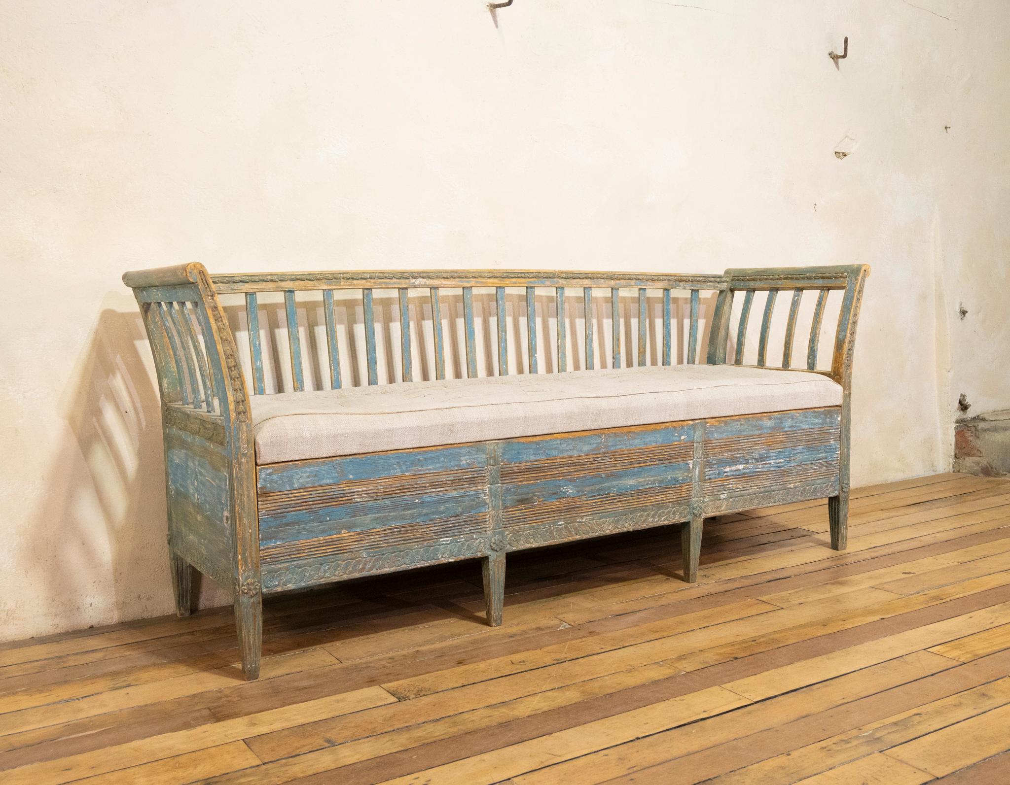 Painted 18th Century Gustavian Swedish Sofa, Bench Original Blue Paint