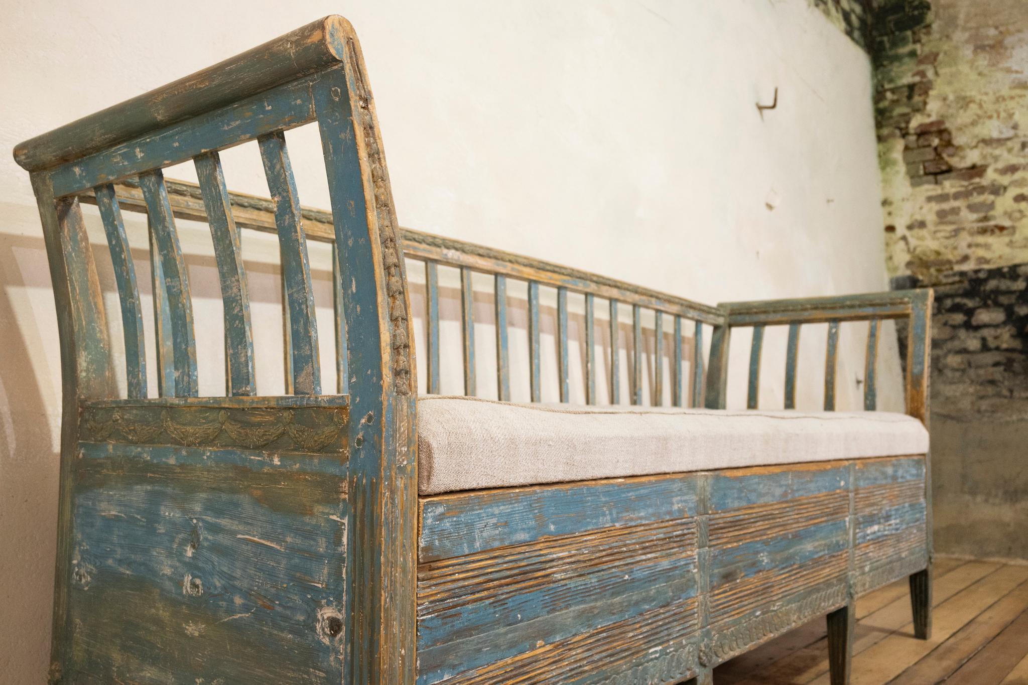 18th Century Gustavian Swedish Sofa, Bench Original Blue Paint In Good Condition In Basingstoke, Hampshire