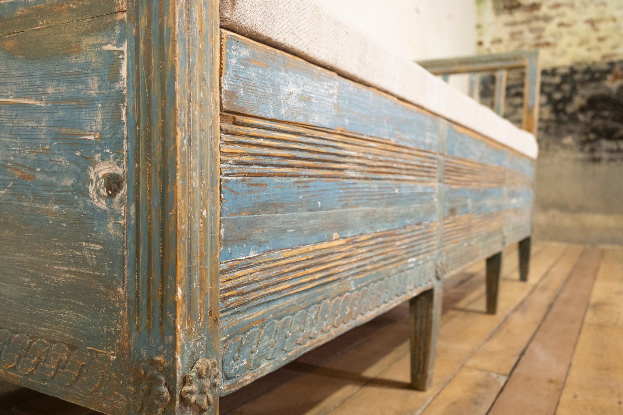 18th Century and Earlier 18th Century Gustavian Swedish Sofa, Bench Original Blue Paint