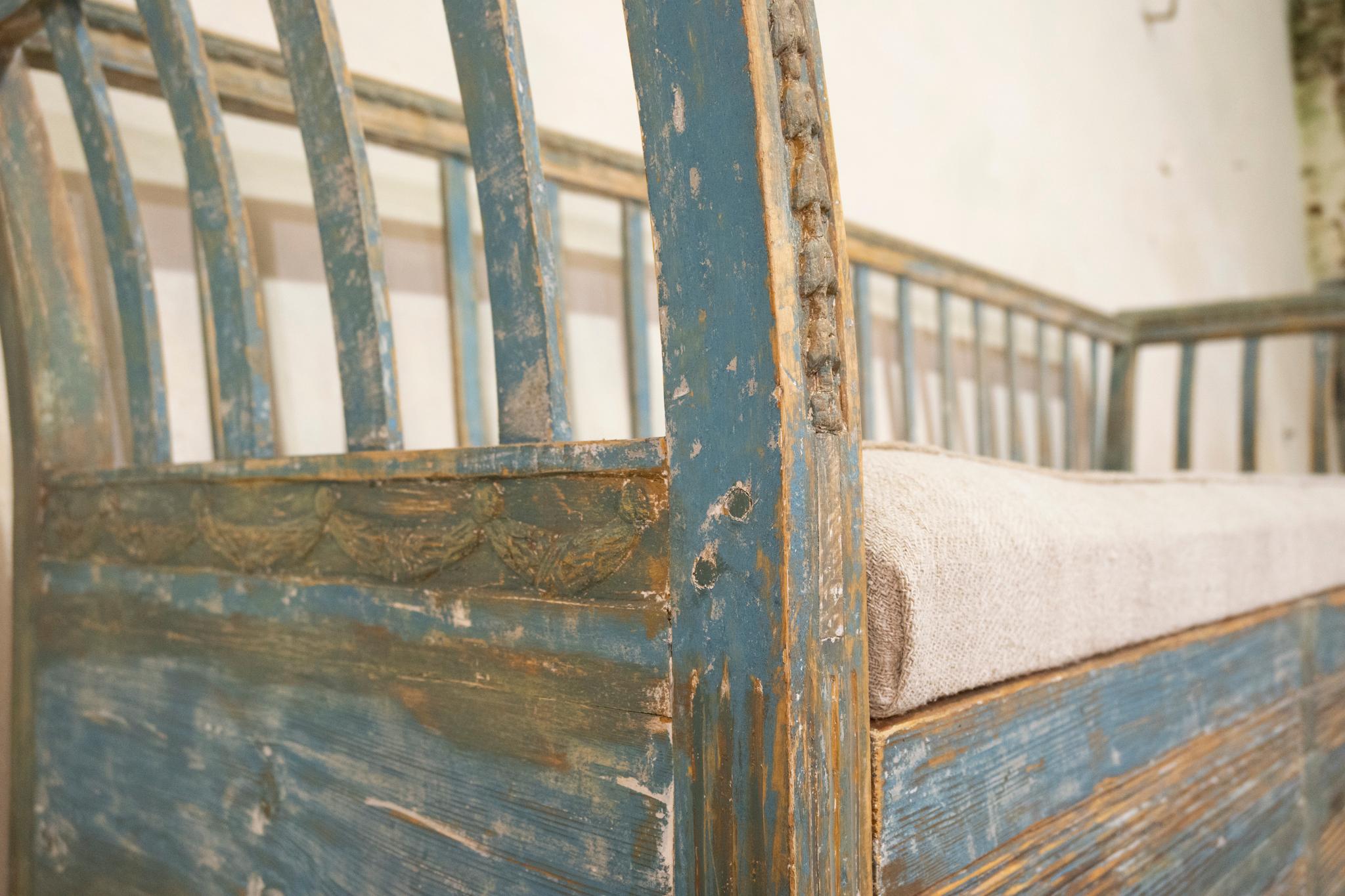 Pine 18th Century Gustavian Swedish Sofa, Bench Original Blue Paint