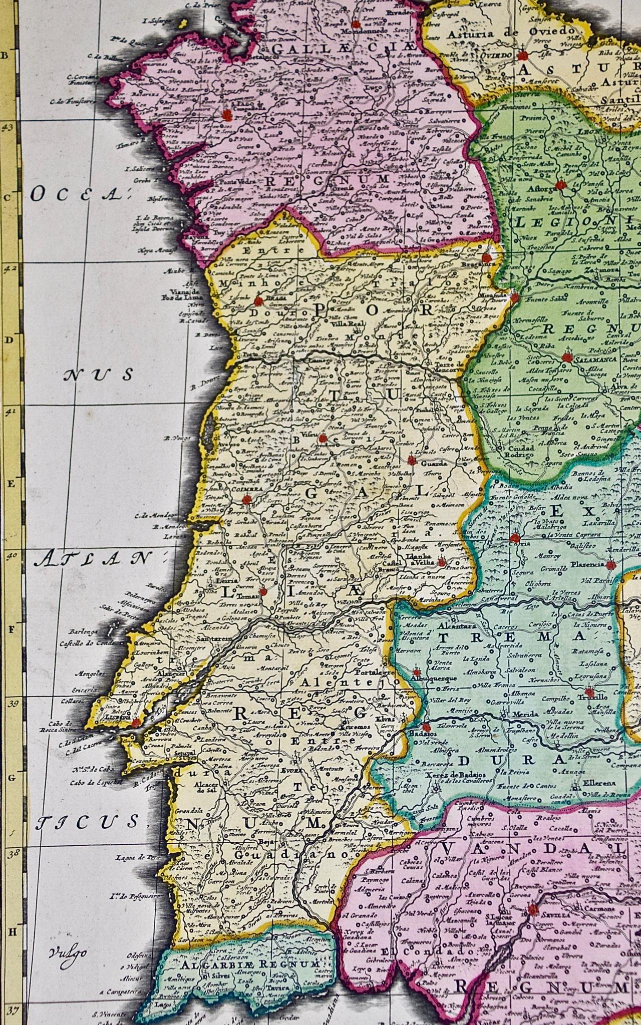18th Century Hand Colored Map of Spain and Portugal by Visscher For Sale 4