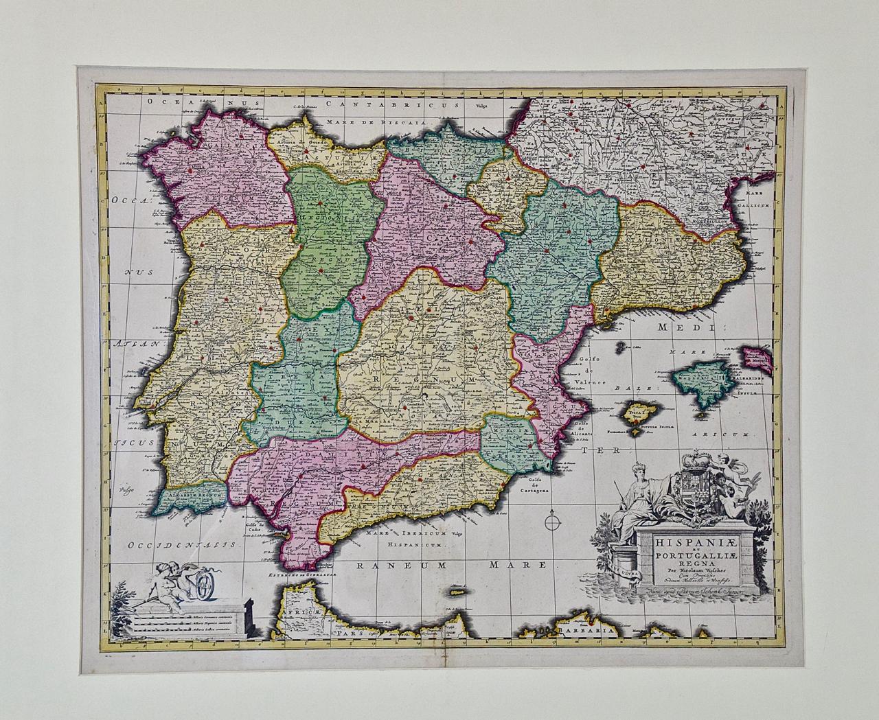 This is an early 18th century map of Spain and Portugal, with attractive original hand-coloring, entitled 