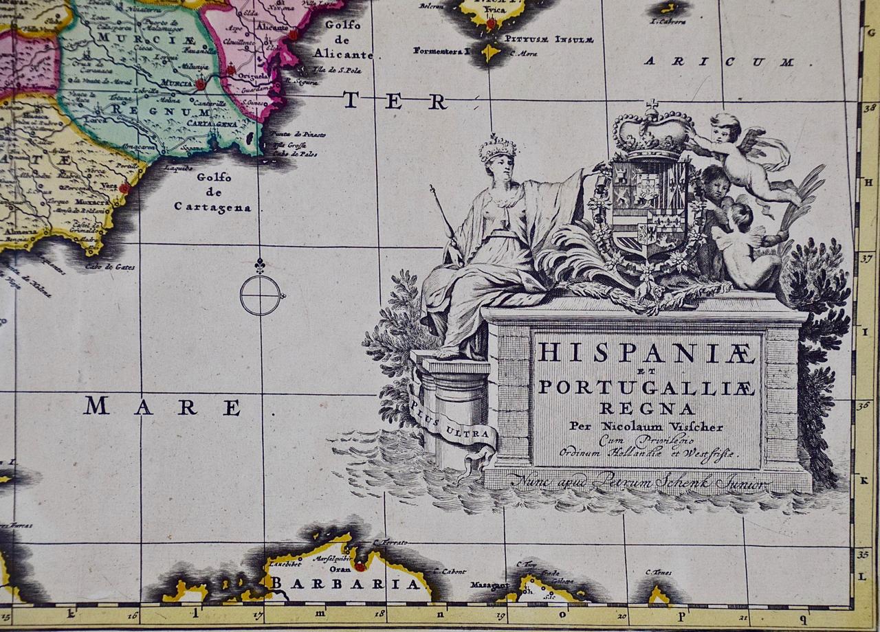 Handgefärbte Karte von Spanien und Portugal aus dem 18. Jahrhundert von Visscher (Graviert) im Angebot