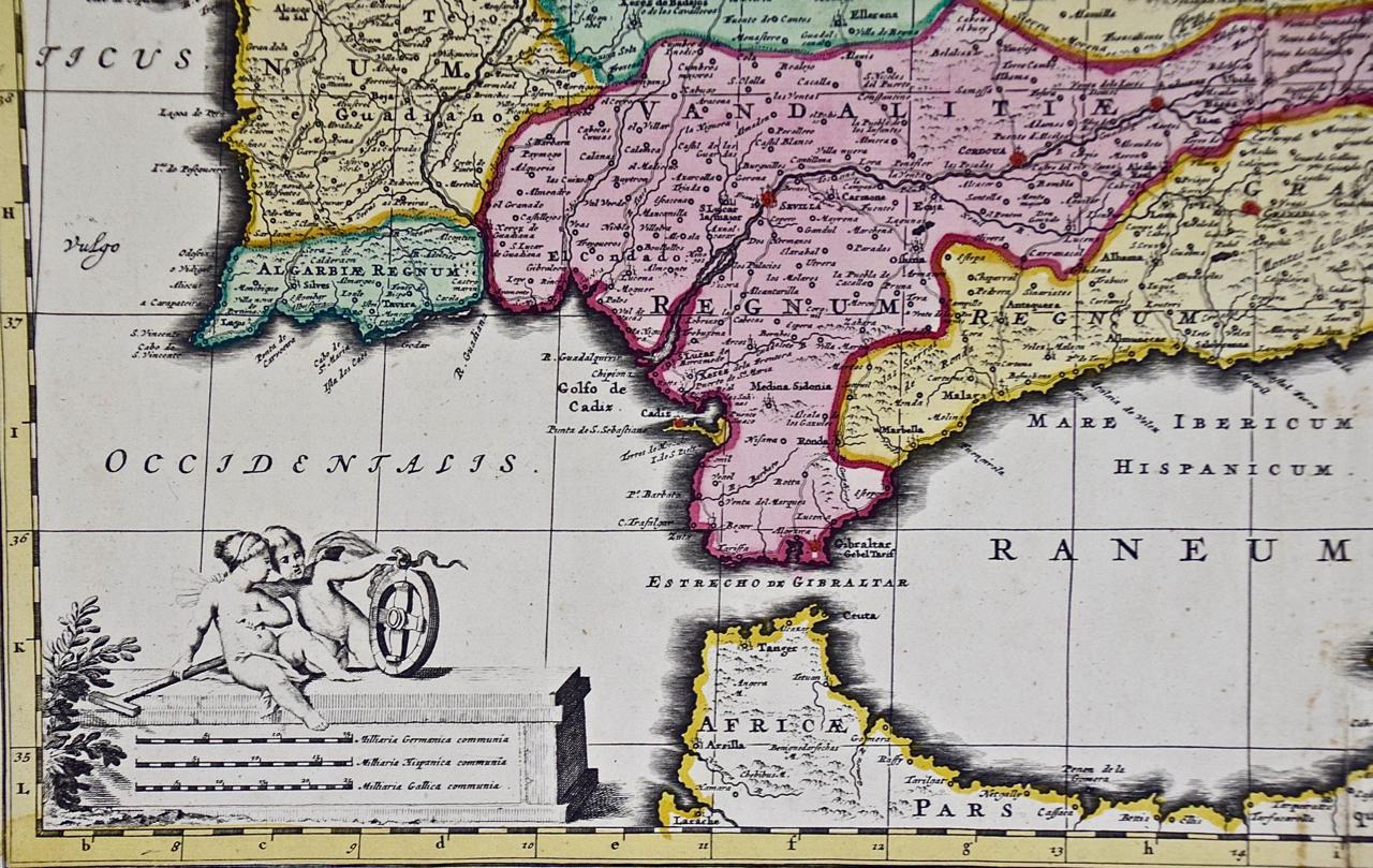 Dutch 18th Century Hand Colored Map of Spain and Portugal by Visscher For Sale