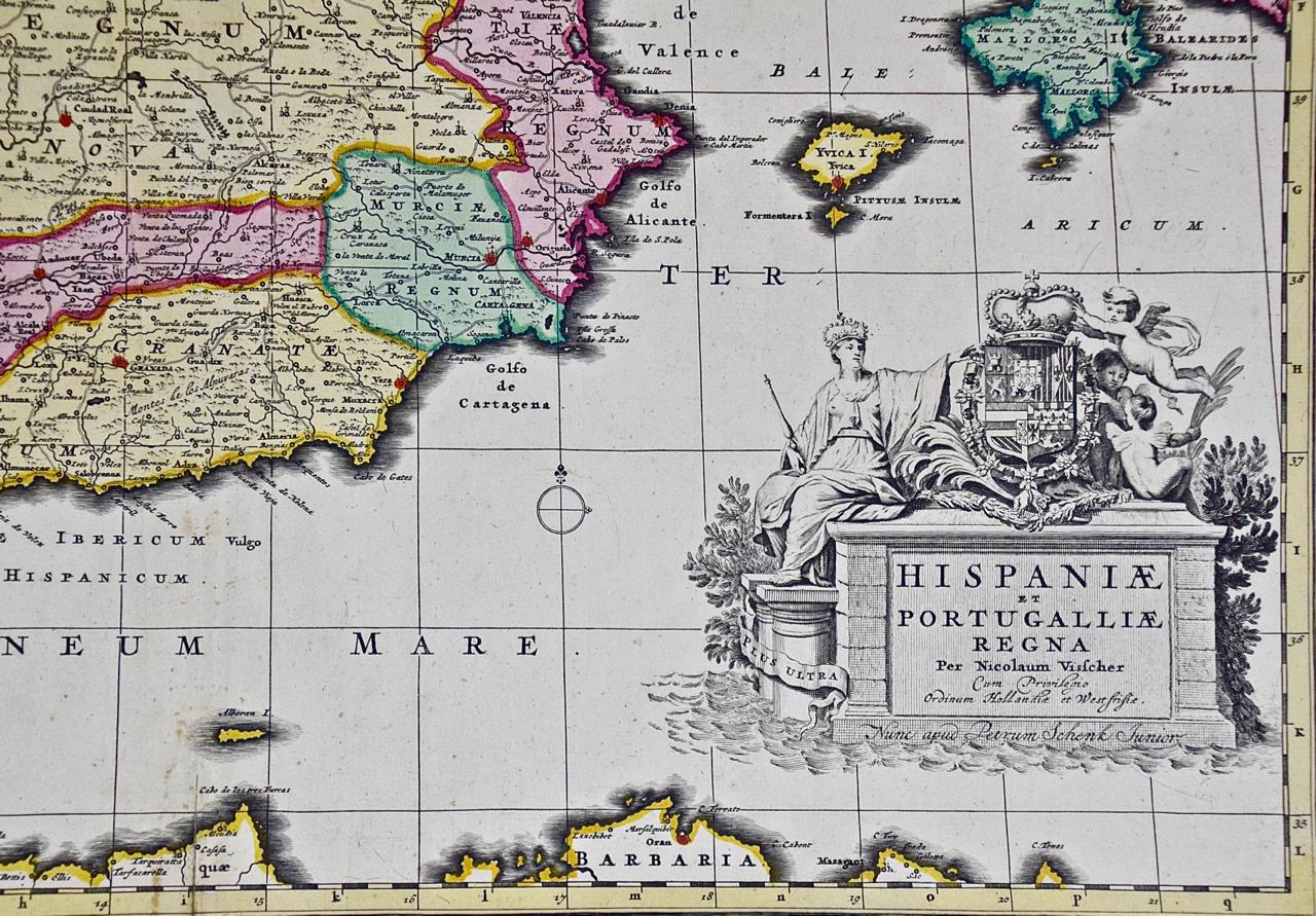 Engraved 18th Century Hand Colored Map of Spain and Portugal by Visscher For Sale