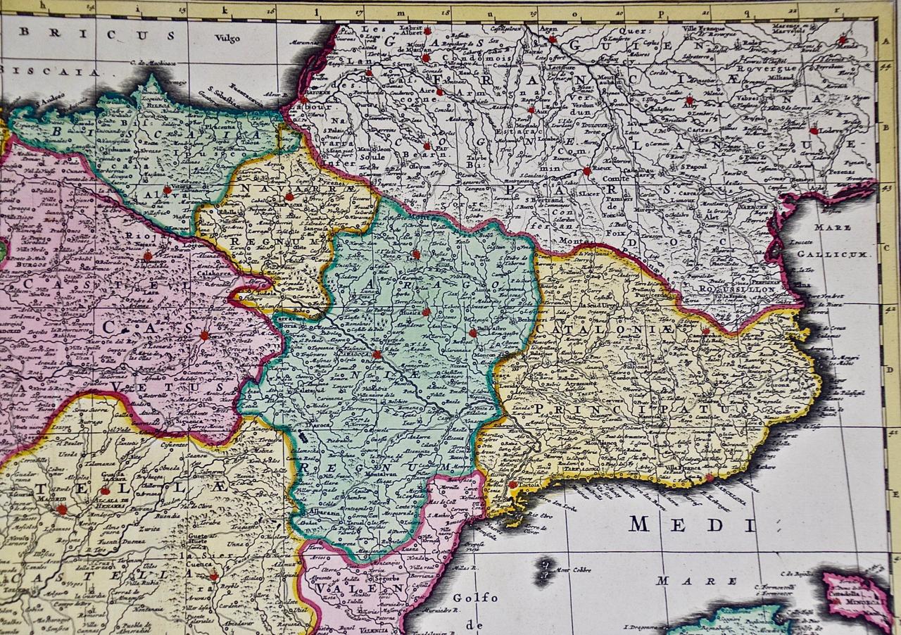 Handgefärbte Karte von Spanien und Portugal aus dem 18. Jahrhundert von Visscher im Angebot 2