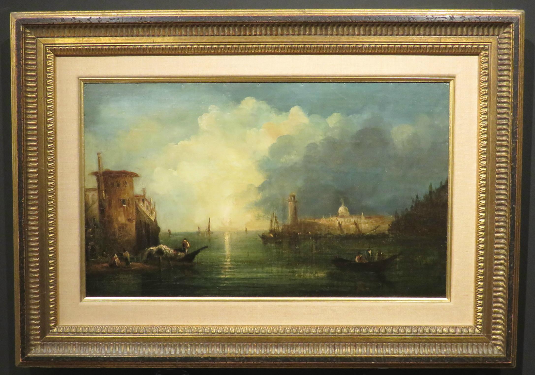A highly atmospheric work depicting merchant vessels on the banks of what appears to be the Grand Canal in Venice.
18th Century Italian School, spuriously signed Canaletto bottom right and dated 1736. 
Oil on canvas, nailed onto board and backed