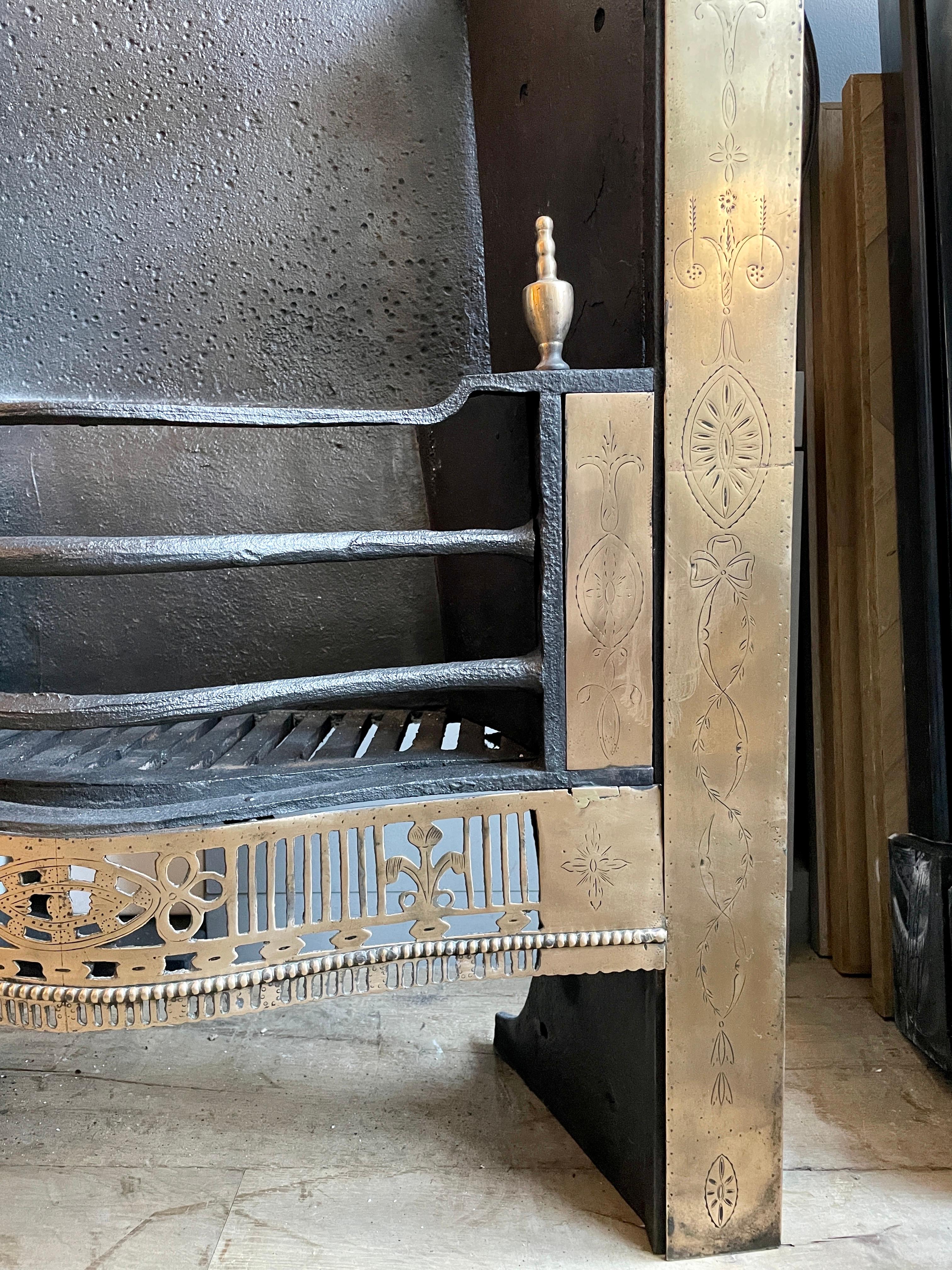 Engraved 18th Century Irish Brass Register Grate Fireplace For Sale