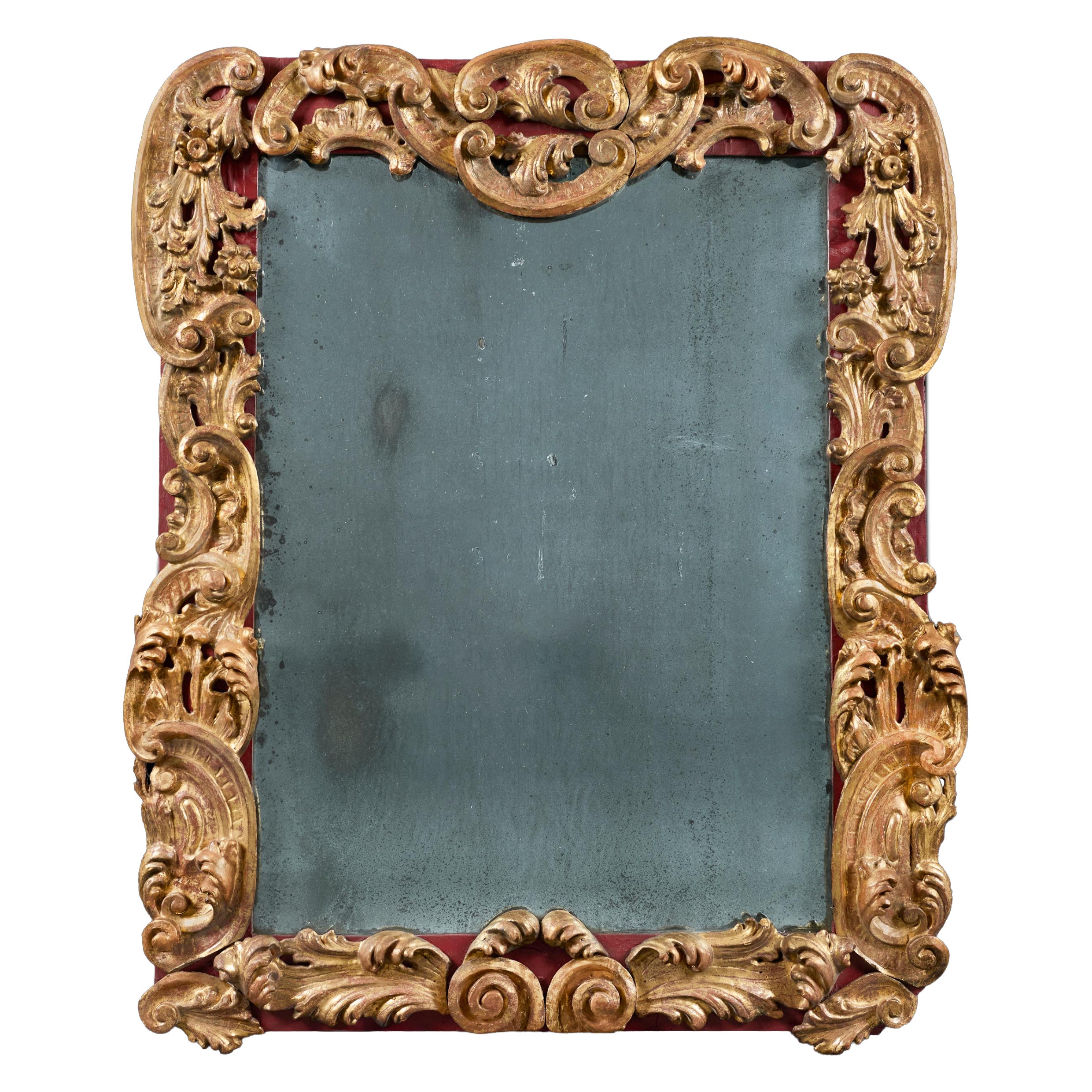 Espejo de pared barroco italiano del siglo XVIII, de madera roja y dorada en venta