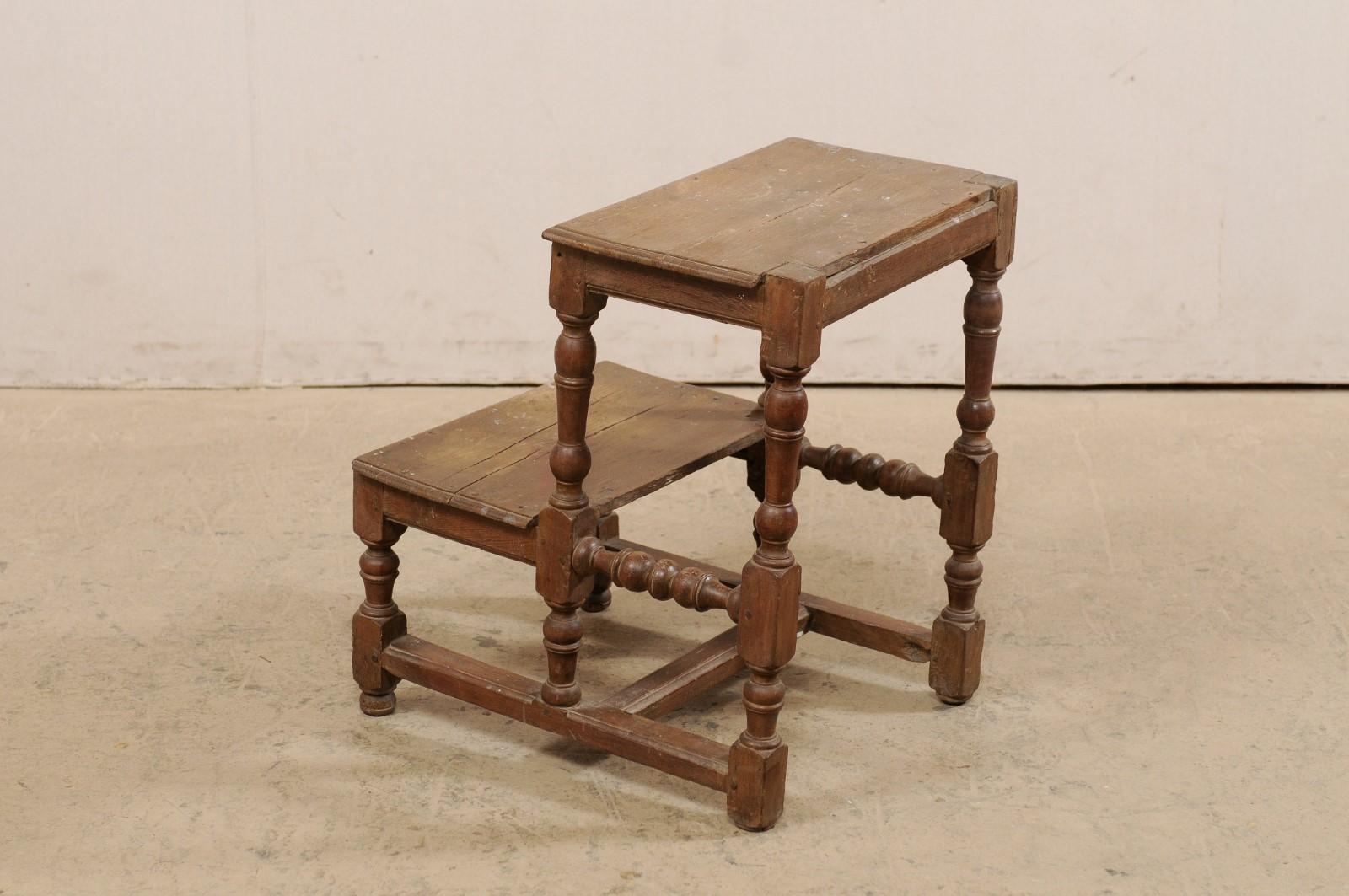18th Century Italian Spool-Turned Walnut Wood Step Stool 'Two Steps' In Good Condition In Atlanta, GA
