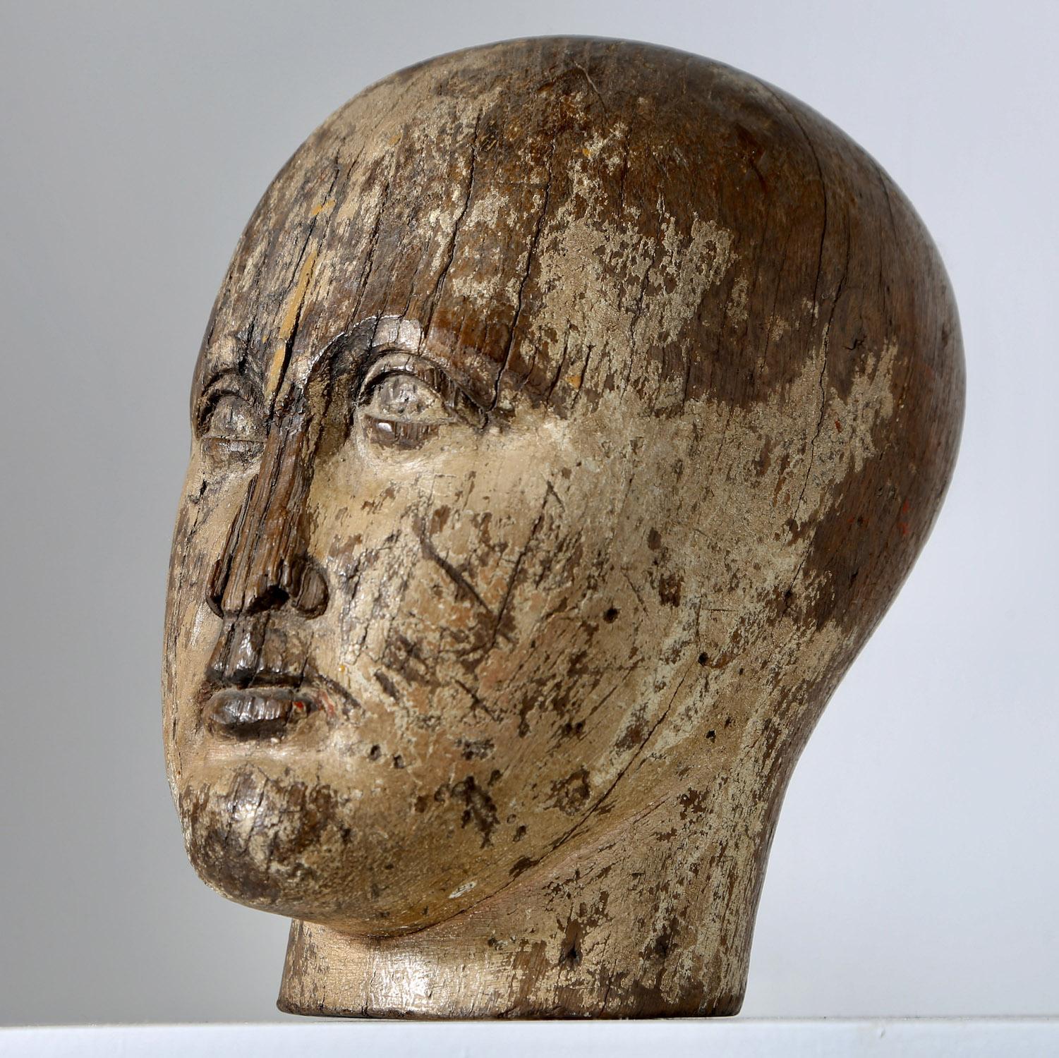 Vagabond antiques presents an 18th Century mannequin head

France, Circa 1780

” An exceptional 18th Century carved wooden head, a rare find as the heads were detachable from the mannequin bodies so often lost to time, this characterful head has