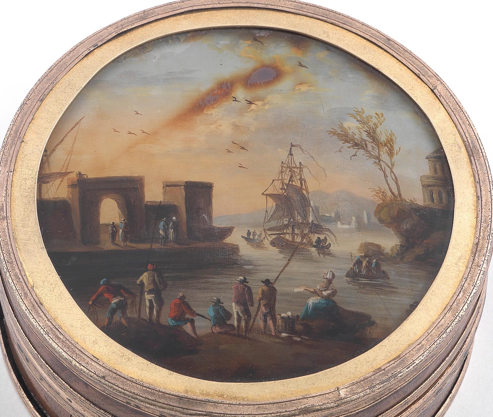 BERNARDO ANTICHITÀ PONTE VECCHIO FLORENCE

The lid incorporating a circular painted panel of a continental harbour scene, under glass, within a gilt metal rope border circular frame, 7cm diameter.