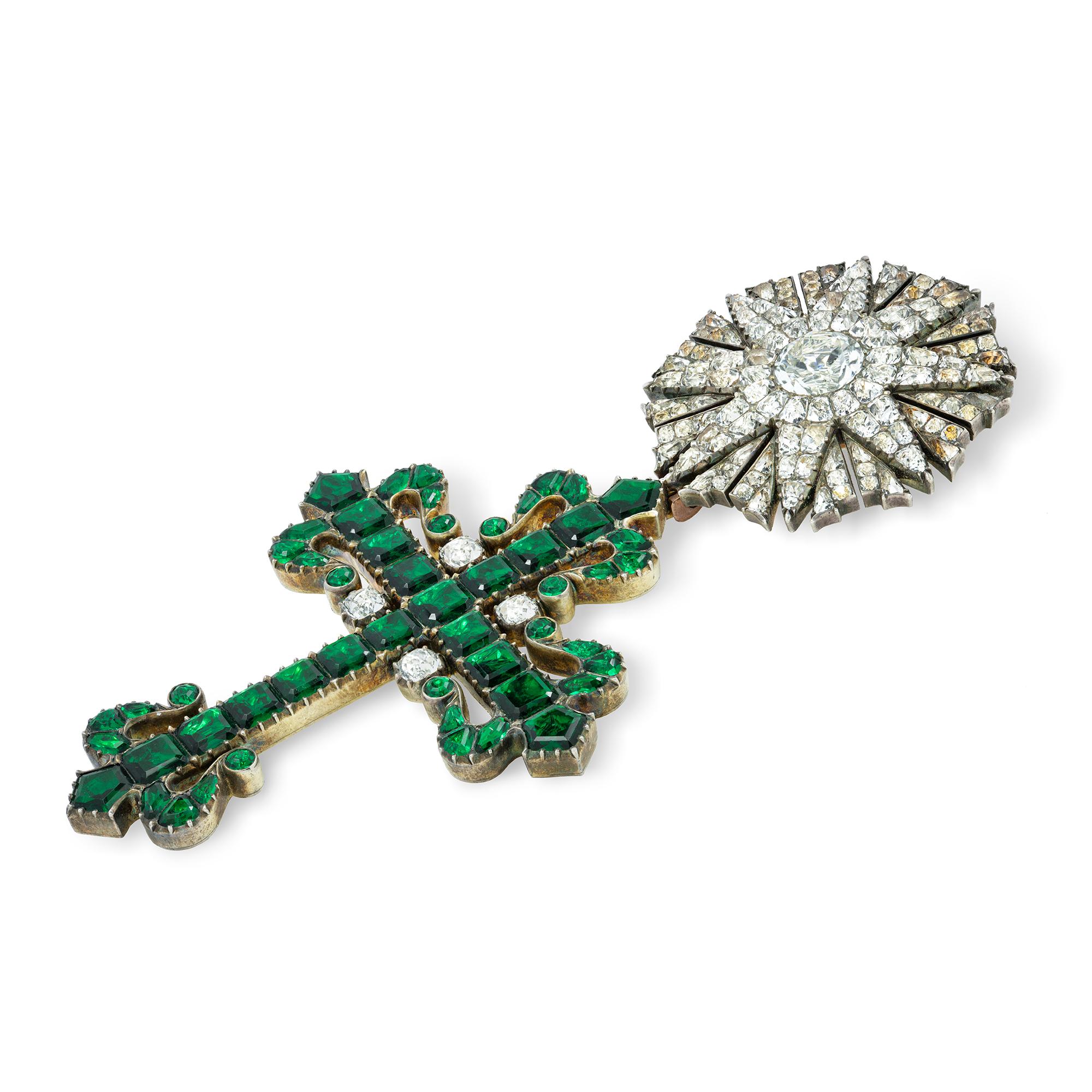 An 18th century Order of Aviz Portuguese paste cross, the star of the order an eight pointed faceted star in white paste and silver gilt reverse suspending  green paste cross set with foil back step-cut green paste, with cardinal points, circa 1760,