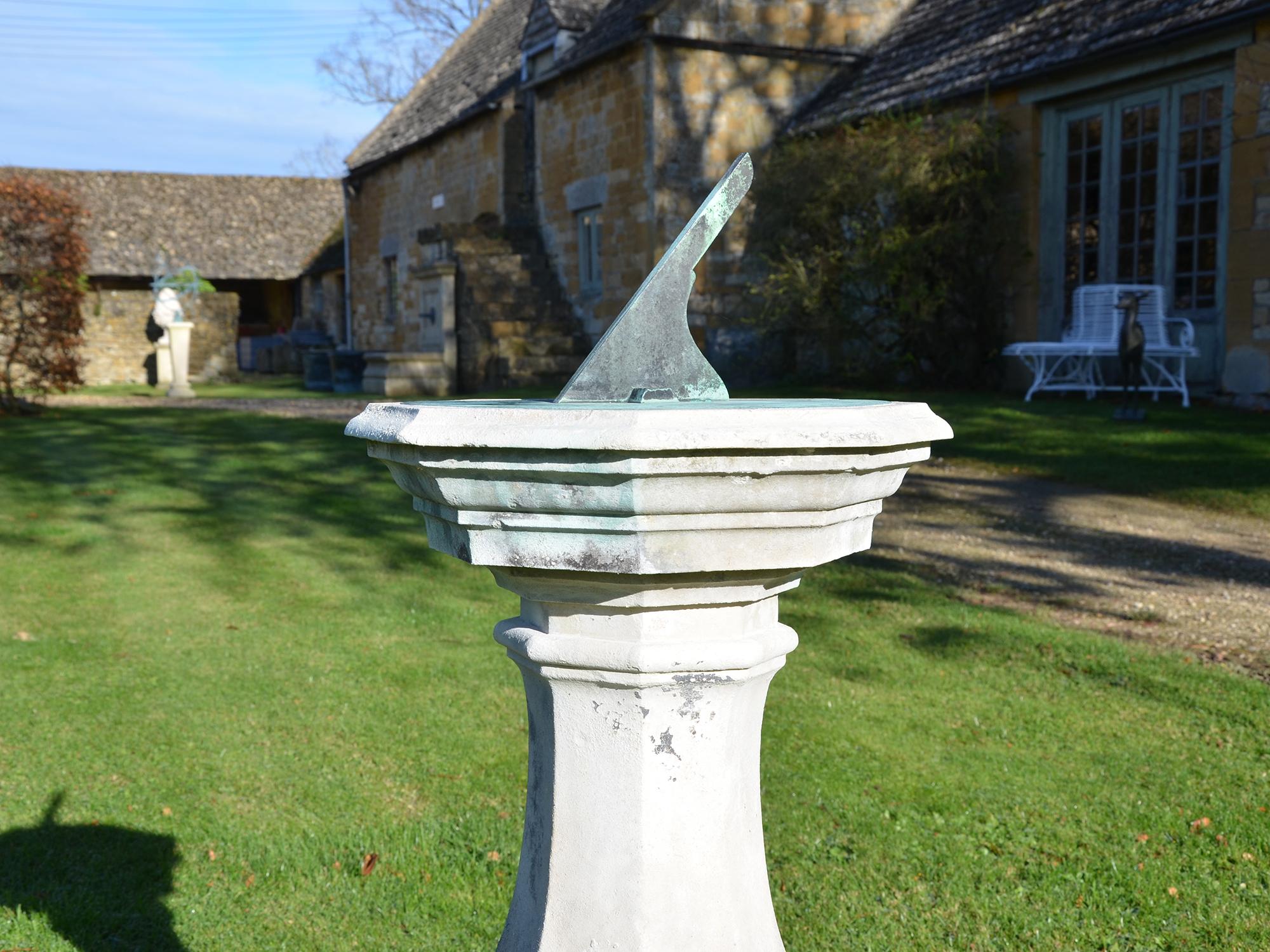 English 18th Century Portland Stone Sundial Pedestal with Brass Dial Plate For Sale