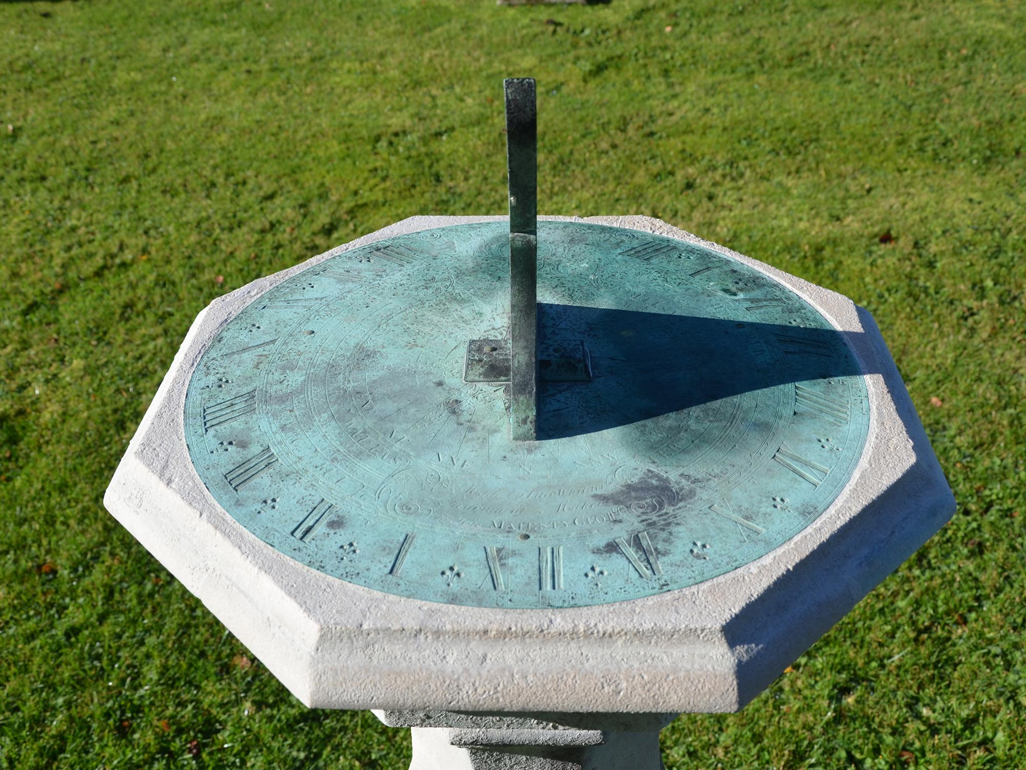 Carved 18th Century Portland Stone Sundial Pedestal with Brass Dial Plate For Sale