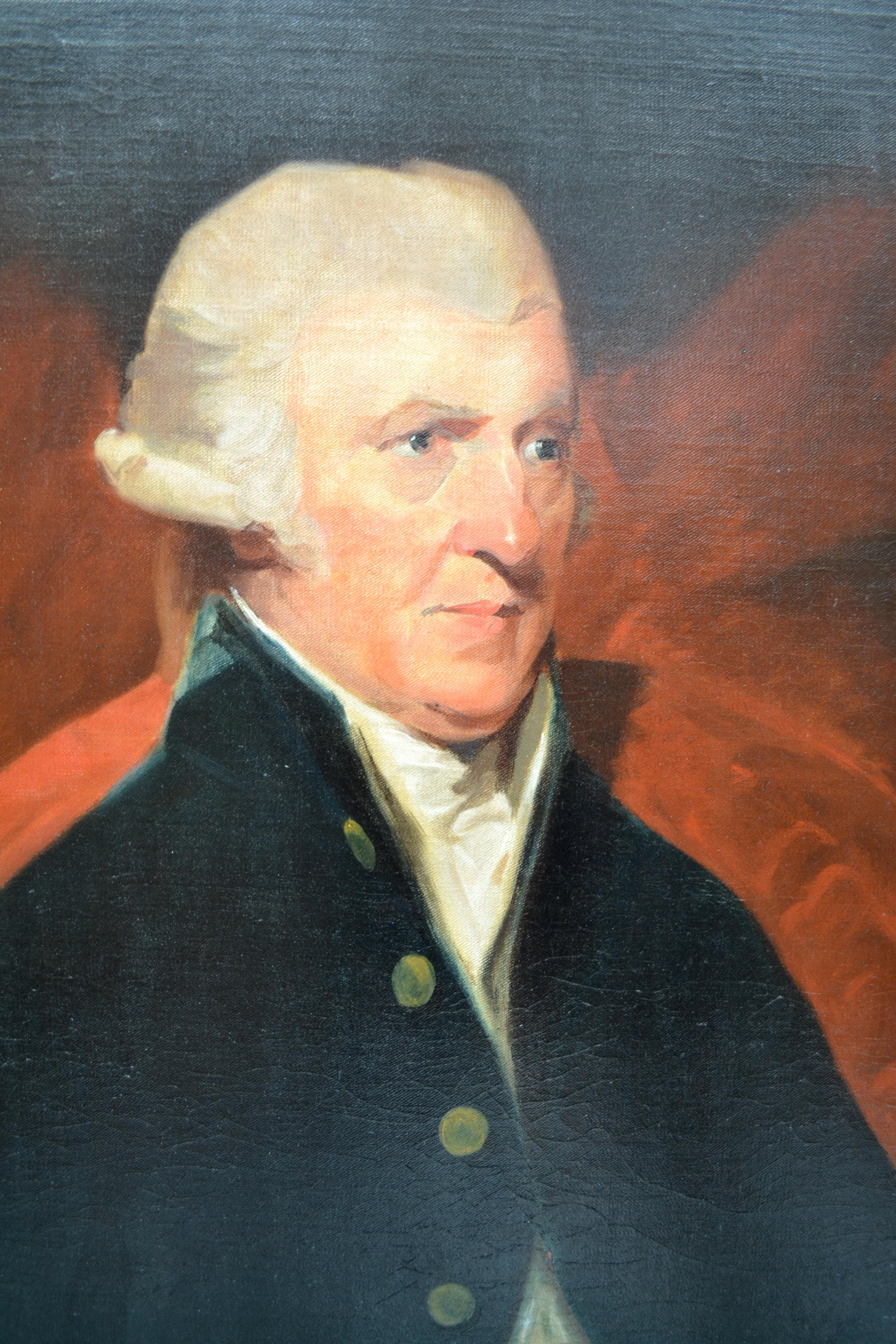 A half length portrait, the sitter a Scottish aristocrat Sir John Inglis looking rather serious dressed in a blue coat and seated in an interior with his hands together over his lap. The painting is in a carved wood frame having a lower plaque