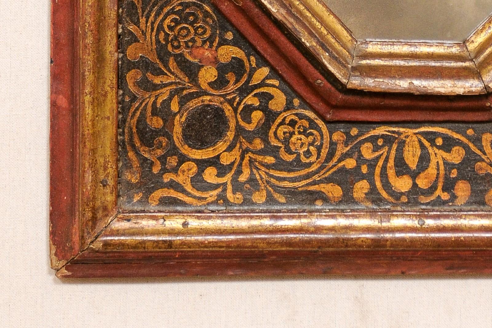 Wood 18th Century Spanish Hand-Painted Accent Mirror in Red, Bronze & Black Color For Sale