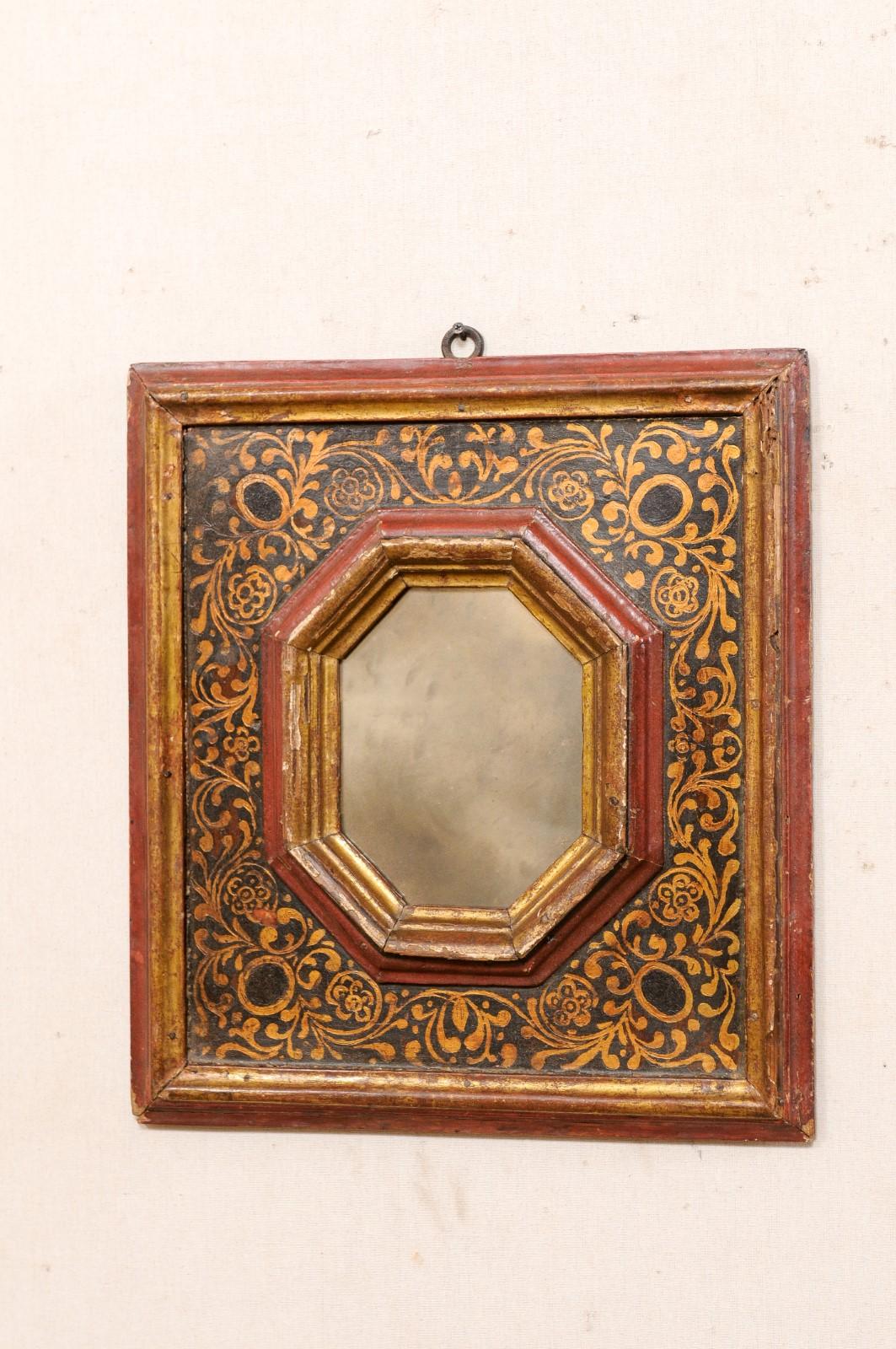 18th Century Spanish Hand-Painted Accent Mirror in Red, Bronze & Black Color For Sale 2