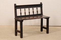 18th Century Spanish Spindle Back Carved Wood Bench, Cute