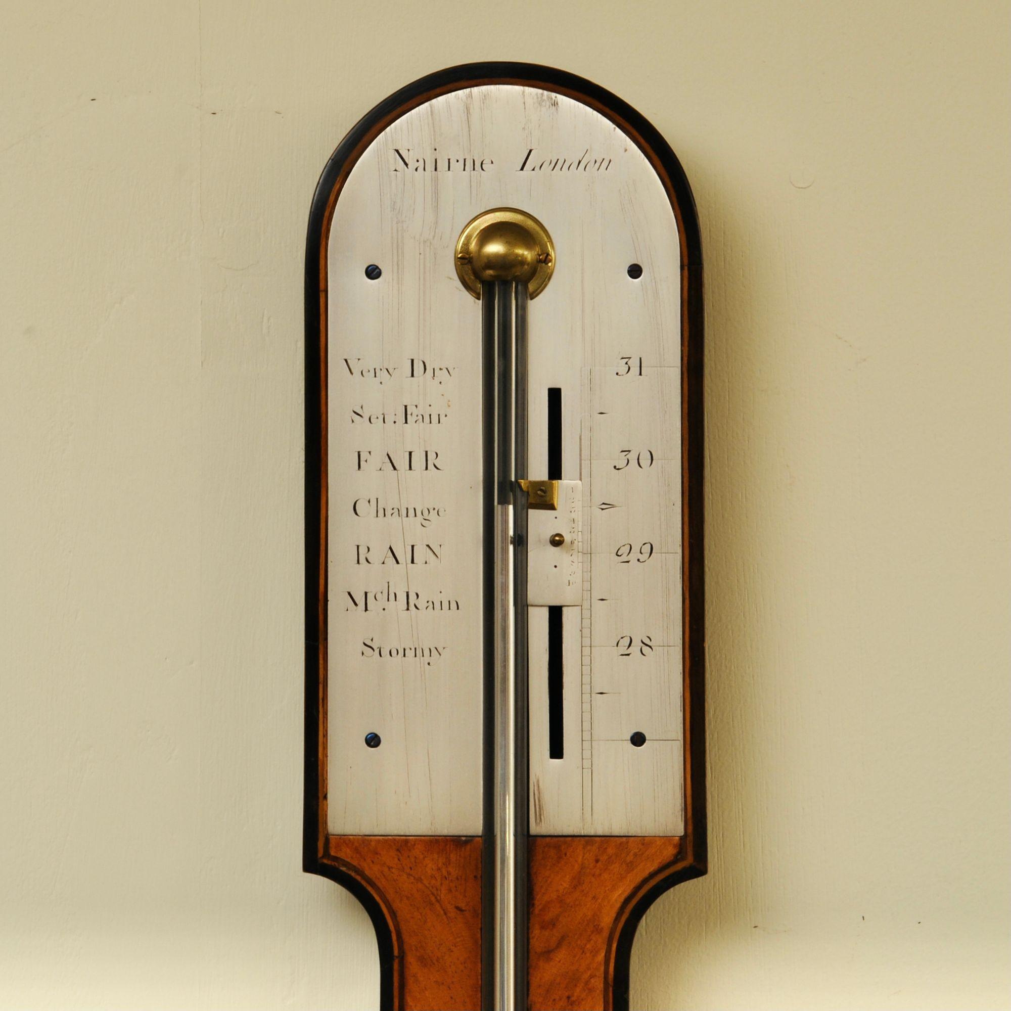 An elegant 18th century satinwood and ebony stick barometer by Edward Nairne, London.
Nairne was a famous 18th century scientific instrument and barometer maker and this example is of his usual high quality using fine timbers.