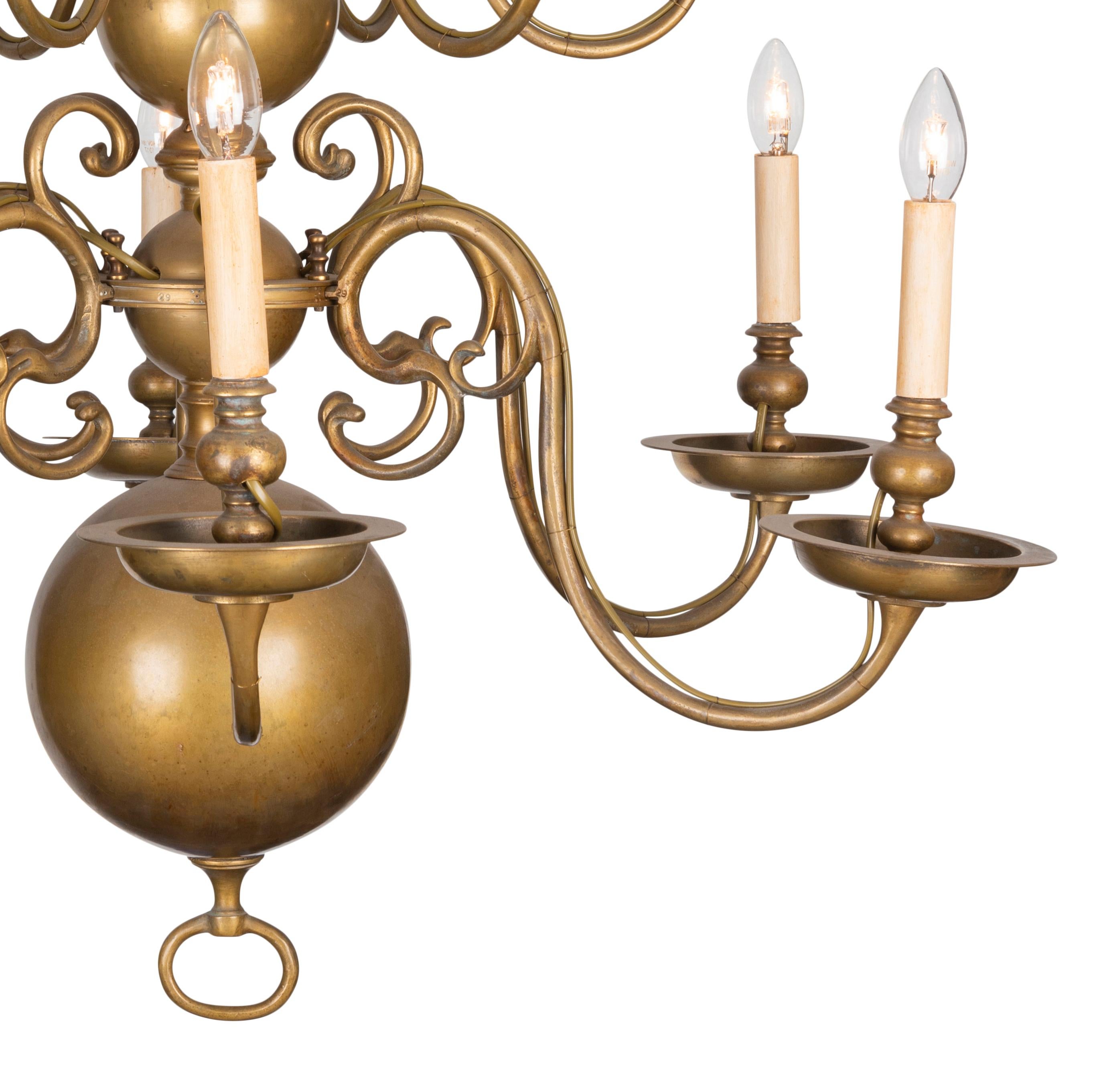 The graduated globular baluster stem with two graduated tiers, each tier with six scroll arms to drip pans and bud nozzle with faux candle lights to ring finial.
Electrified.