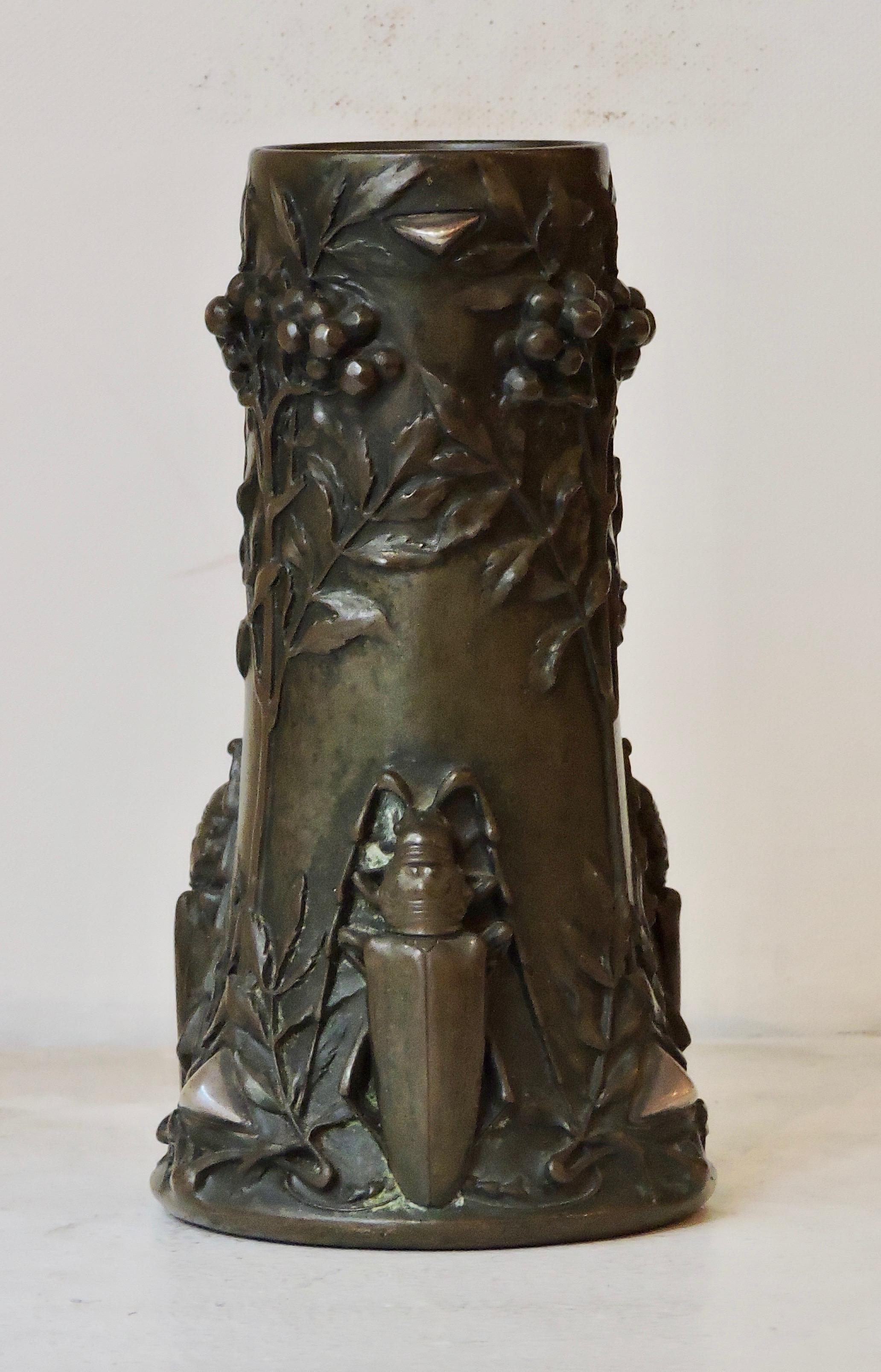 French 1906 Art Nouveau Beetles Bronze Vase by Pierre-Georges Deraisme