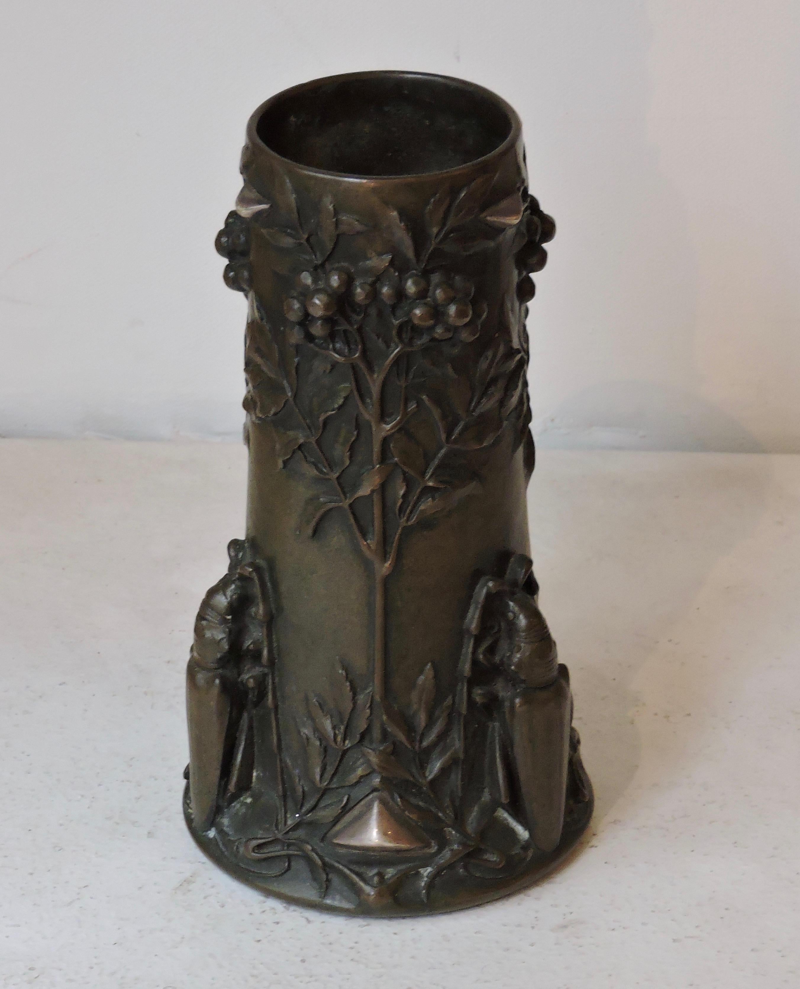 Silvered 1906 Art Nouveau Beetles Bronze Vase by Pierre-Georges Deraisme