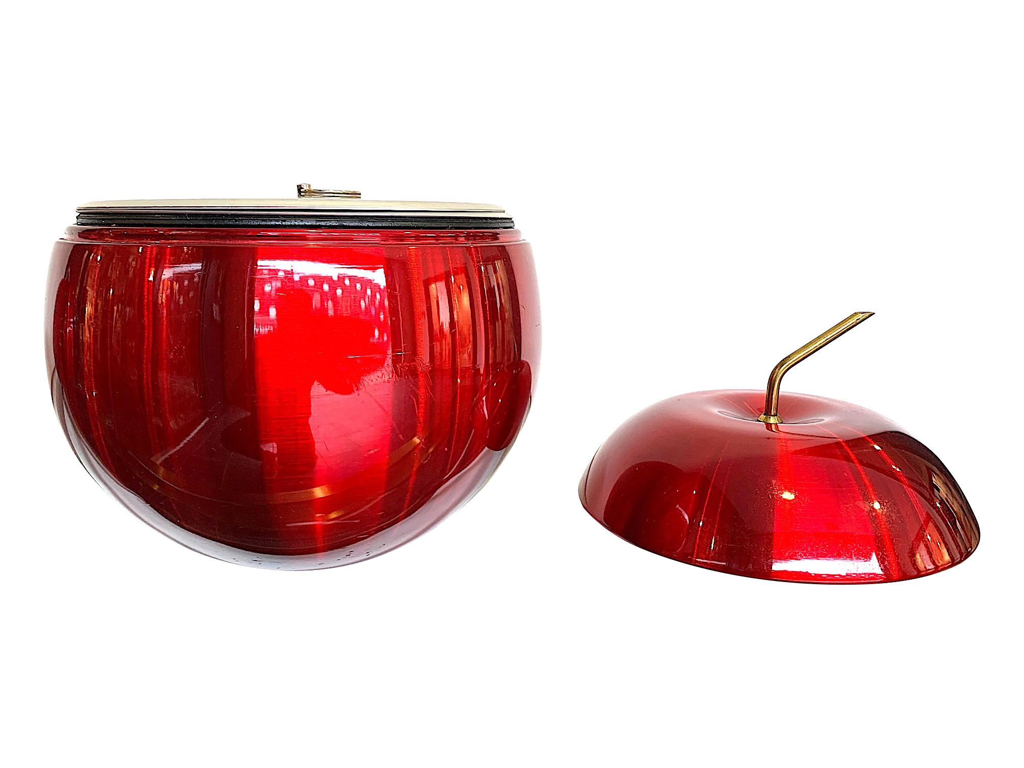 Mid-Century Modern 1970s Cherry Ice Bucket by Daydream in Anodised Vibrant Red with Brass Handle