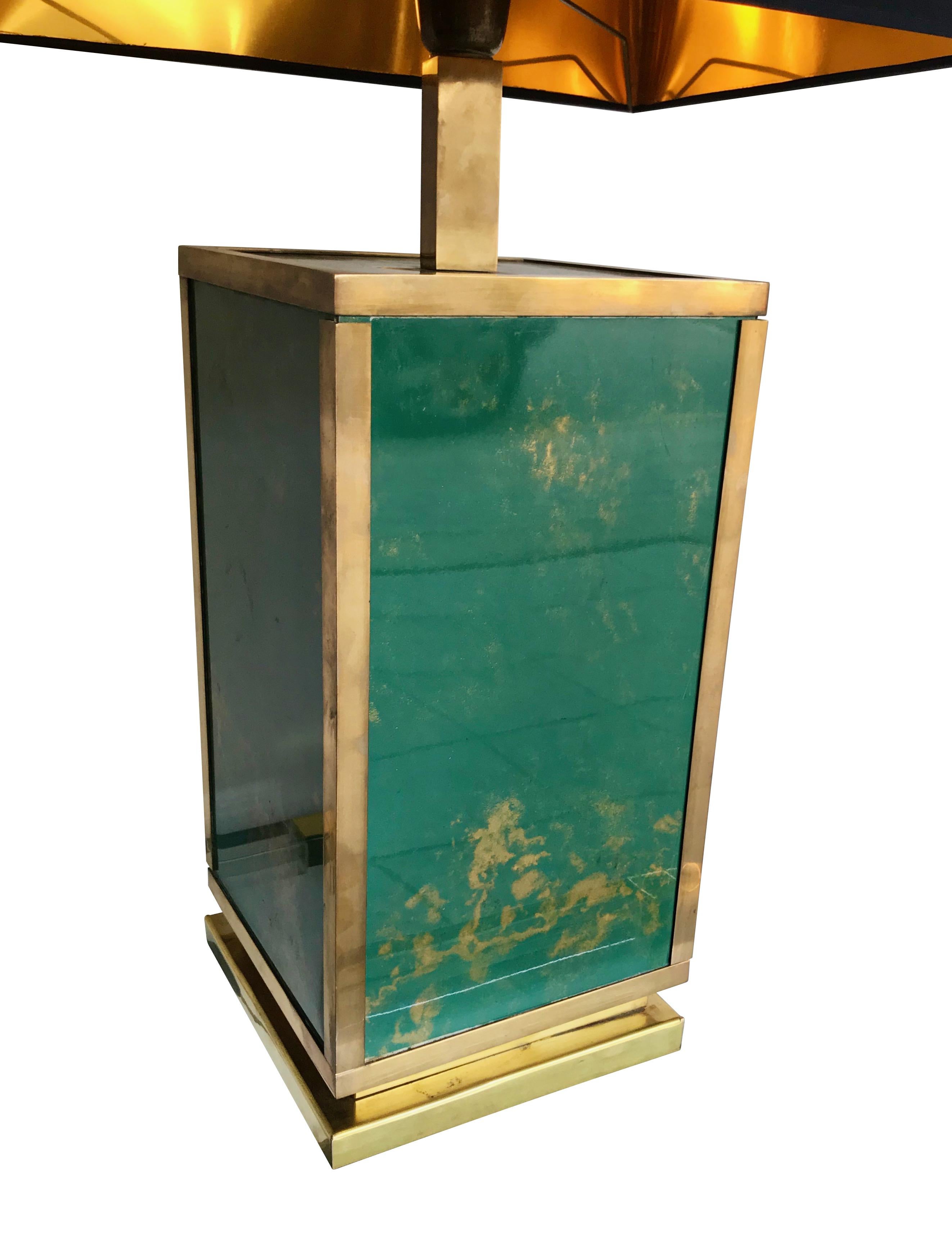 Mid-Century Modern 1970s Large Italian Green Glass and Brass Lamp with Black and Gold Shade