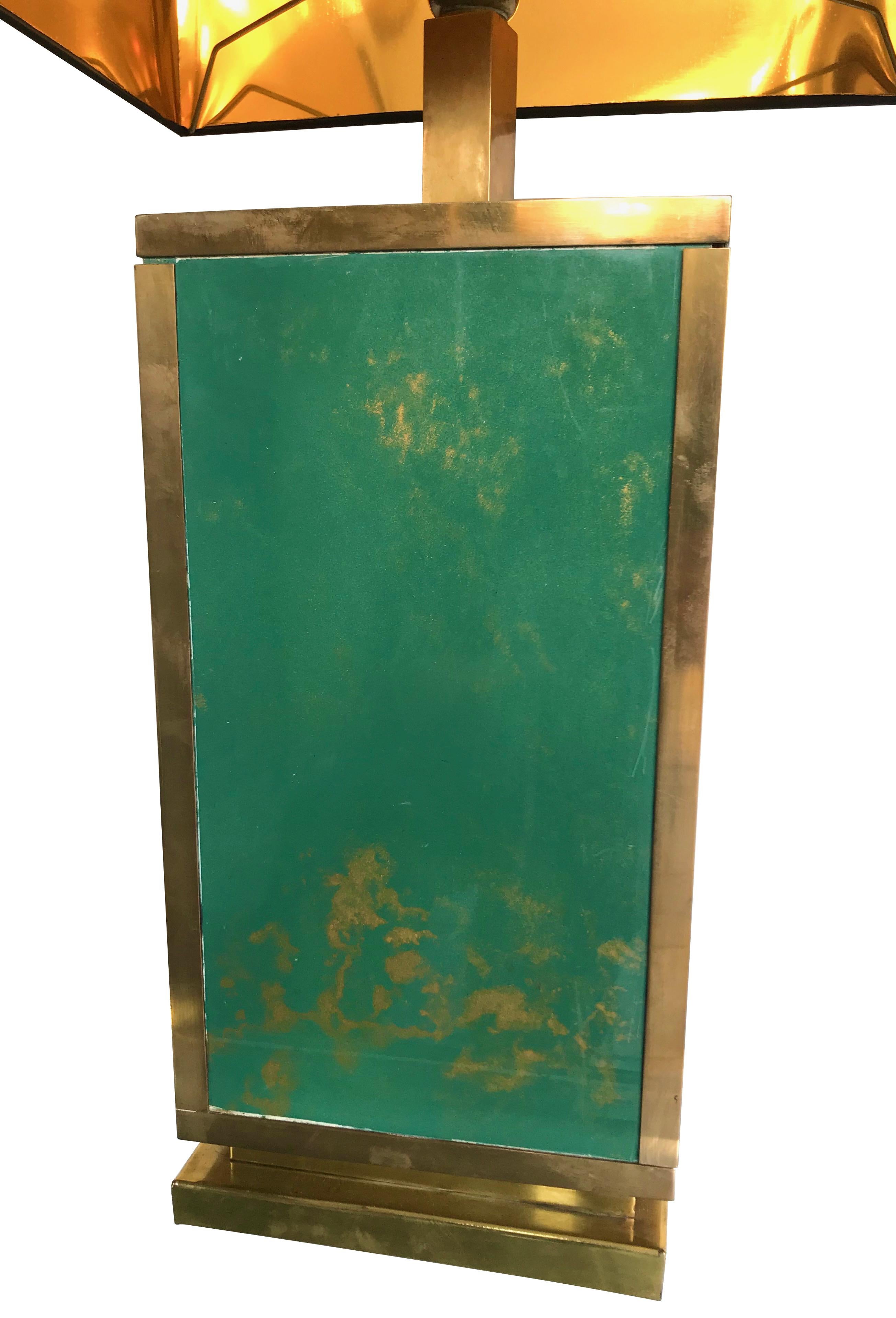 1970s Large Italian Green Glass and Brass Lamp with Black and Gold Shade In Good Condition In London, GB