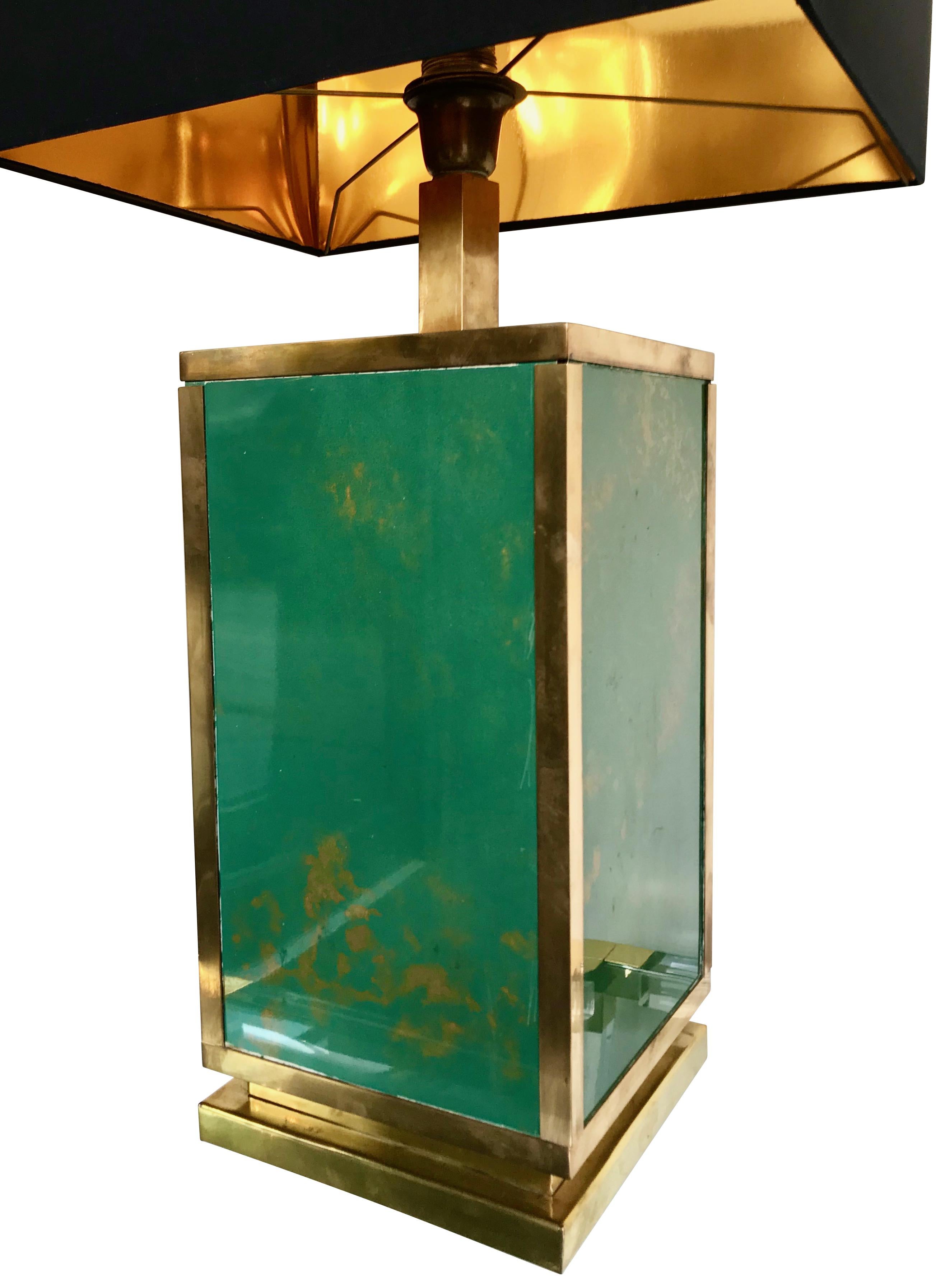 Late 20th Century 1970s Large Italian Green Glass and Brass Lamp with Black and Gold Shade