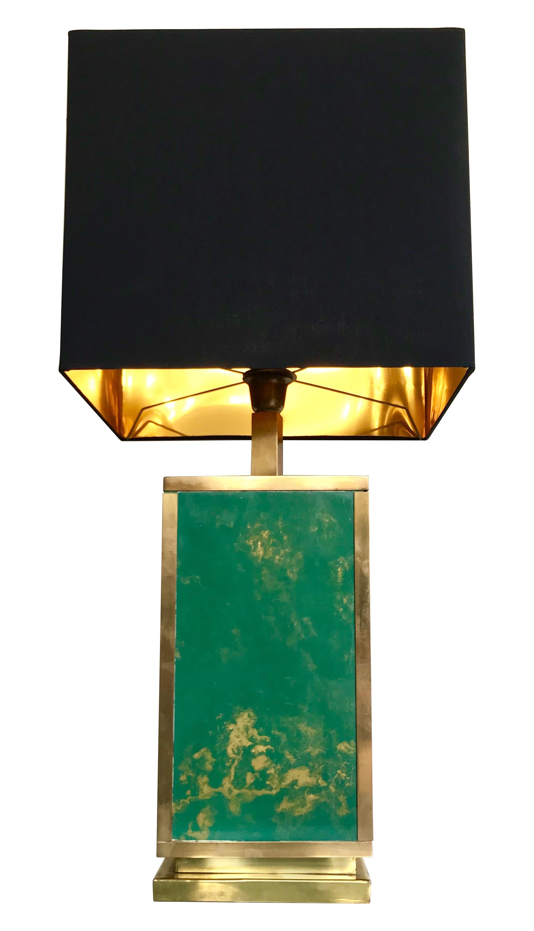 1970s Large Italian Green Glass and Brass Lamp with Black and Gold Shade 1