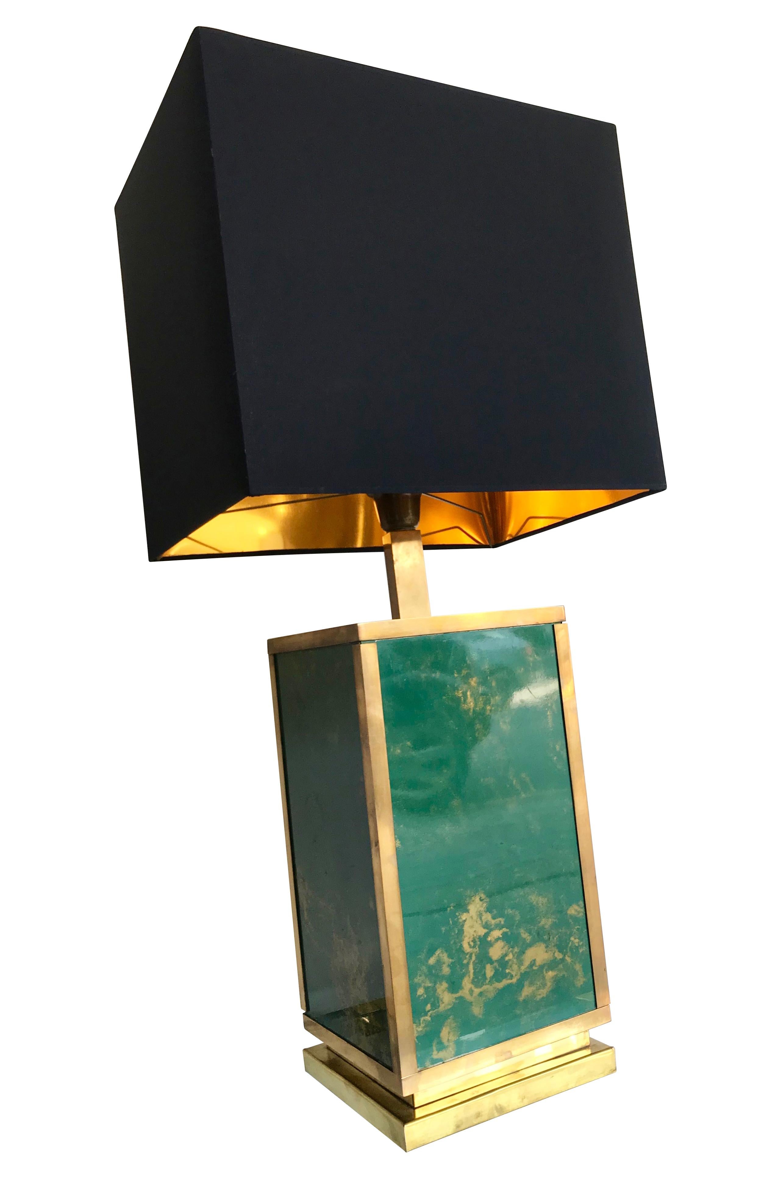 1970s Large Italian Green Glass and Brass Lamp with Black and Gold Shade 2
