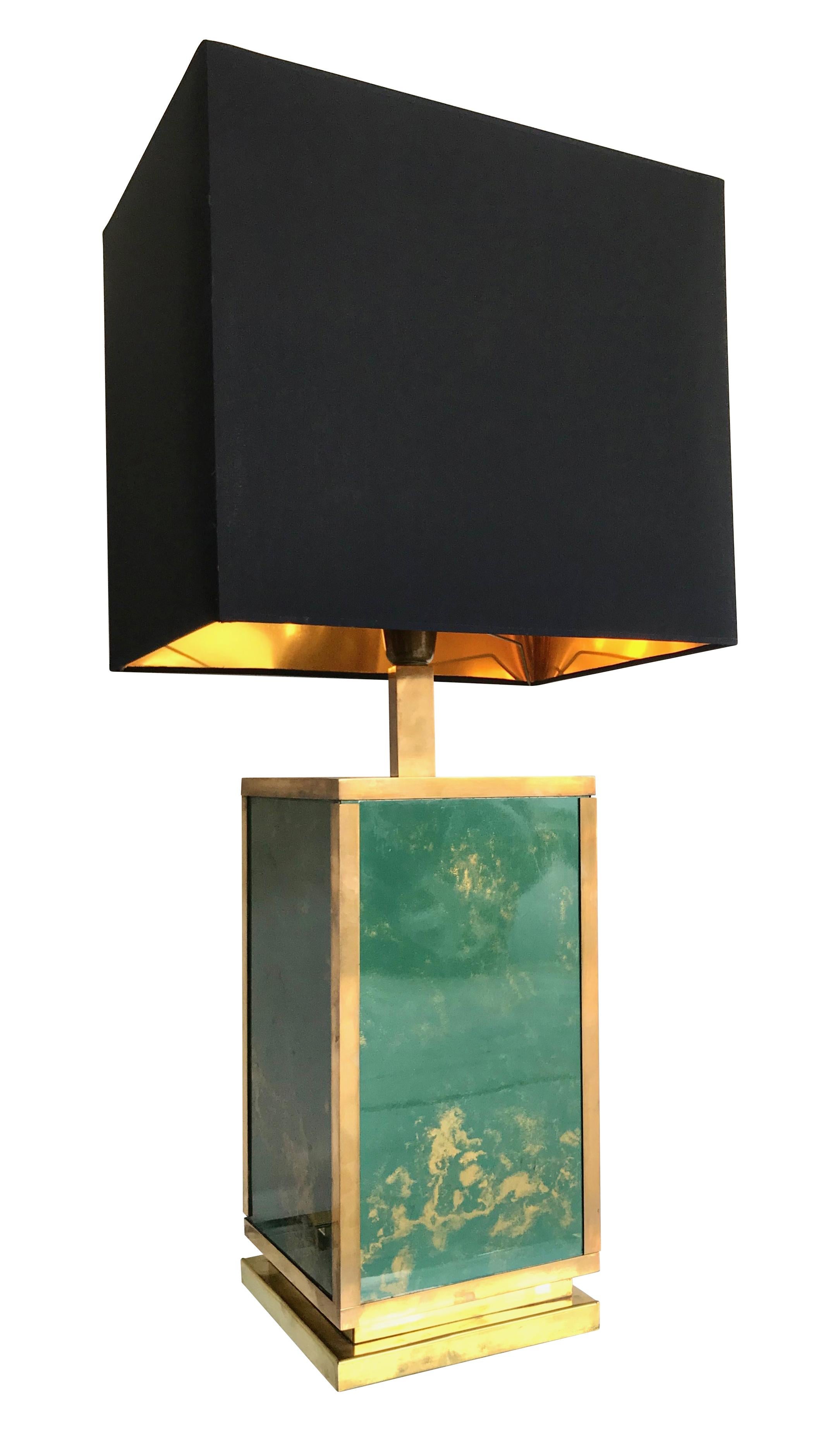 1970s Large Italian Green Glass and Brass Lamp with Black and Gold Shade 3