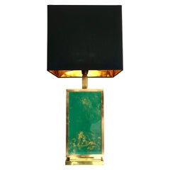 1970s Large Italian Green Glass and Brass Lamp with Black and Gold Shade
