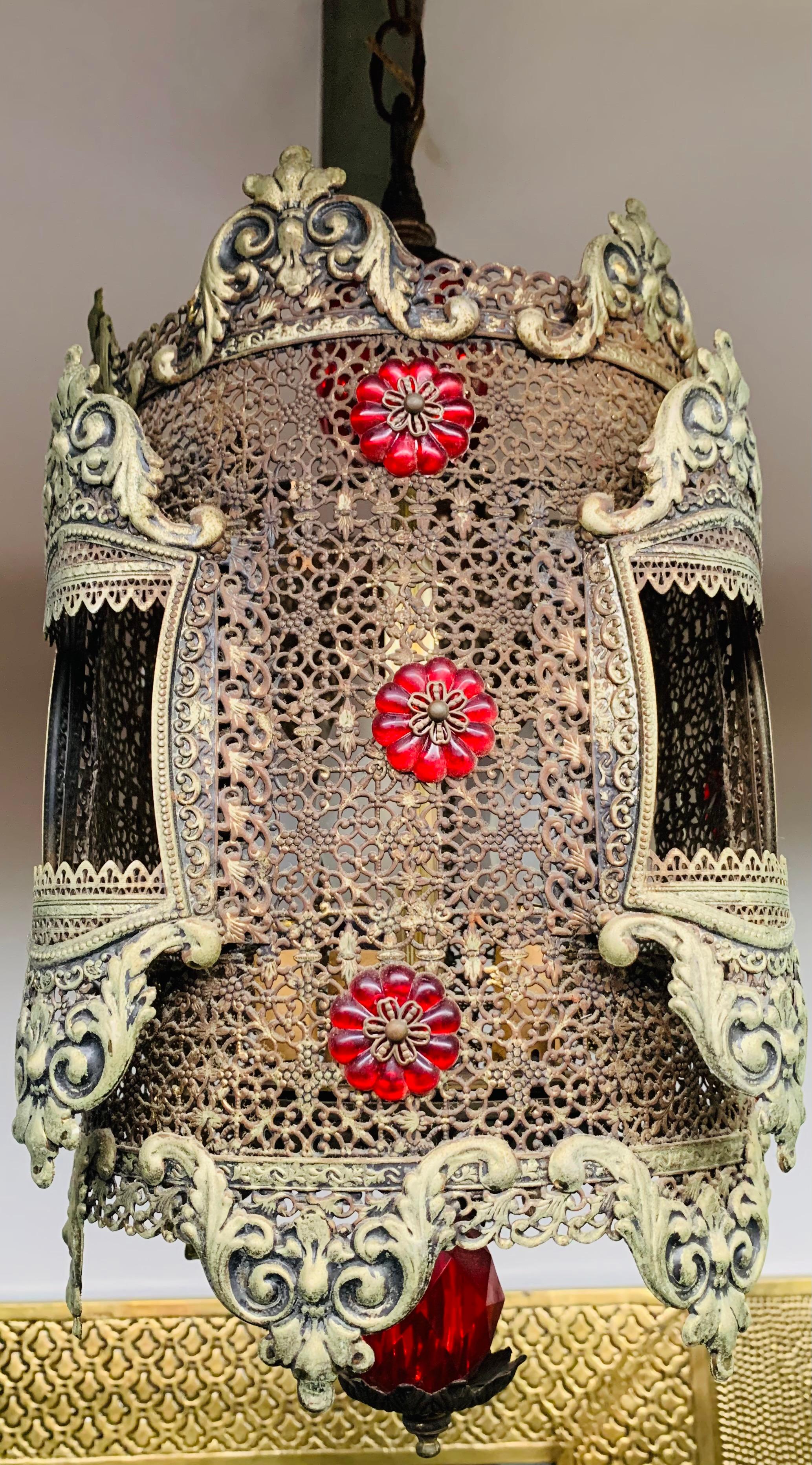 Moorish 1970s Oriental Style Gilt Metal Lantern or Pendant For Sale