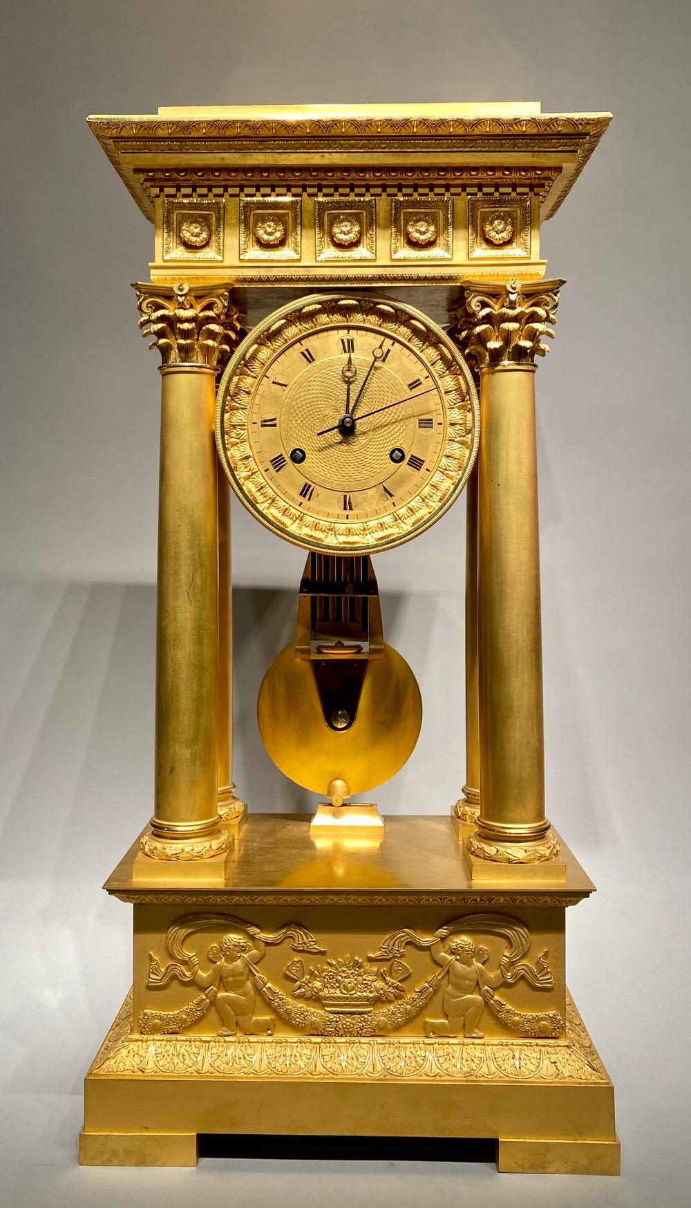 An exceptional ormolu Charles X clock garniture set.
France c.1830s.

Top quality!


Dimensions:

Candelabra: H76 x 21 x 21 cm. 
                    H29.92 x 8.27 x 8.27 inch. 

Clock: H62 x W30 x D18,5 cm. 
            H24.41 x W11.81 x D7.28