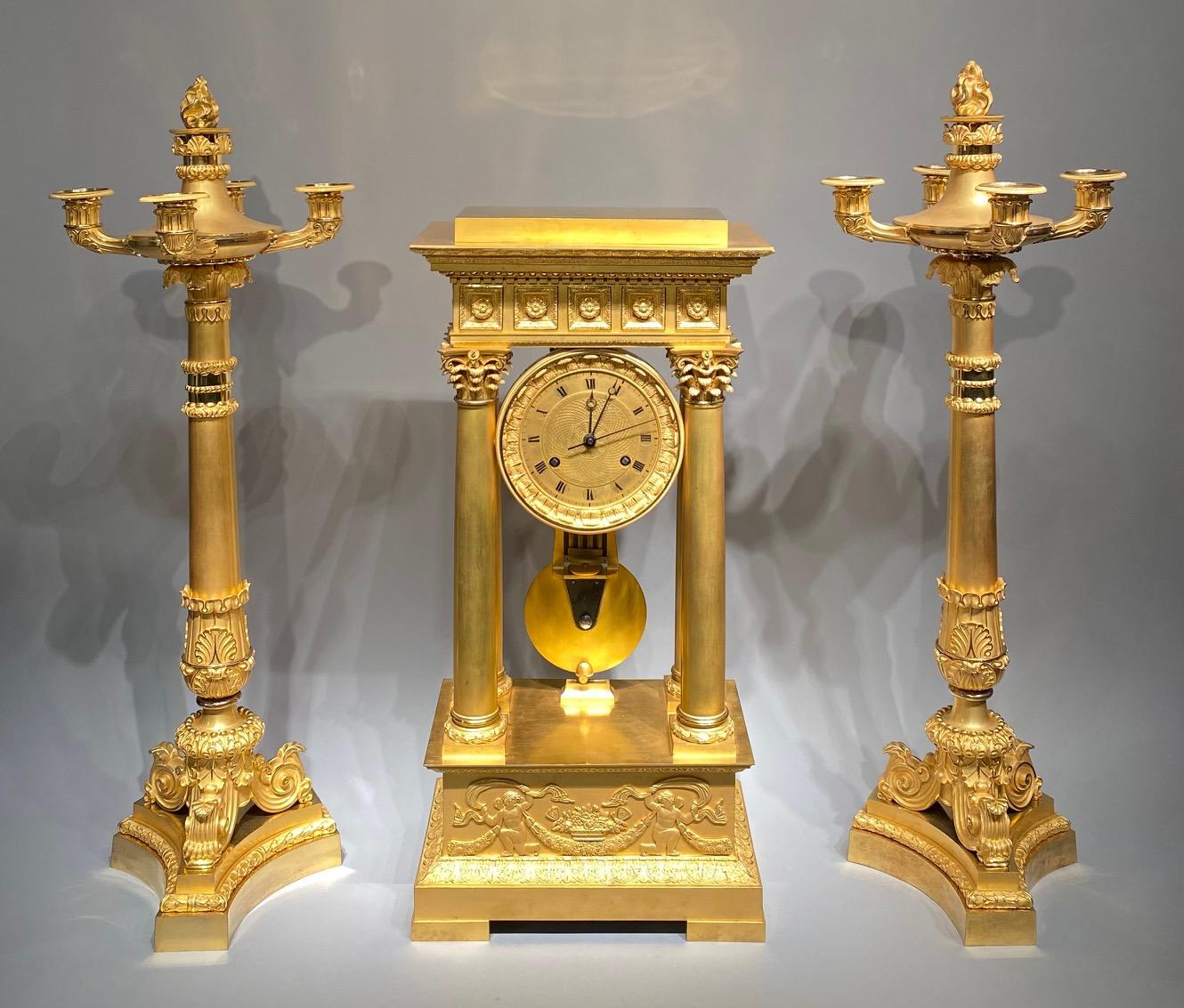 Francese An 19th century ormolu Charles X clock garniture set. in vendita