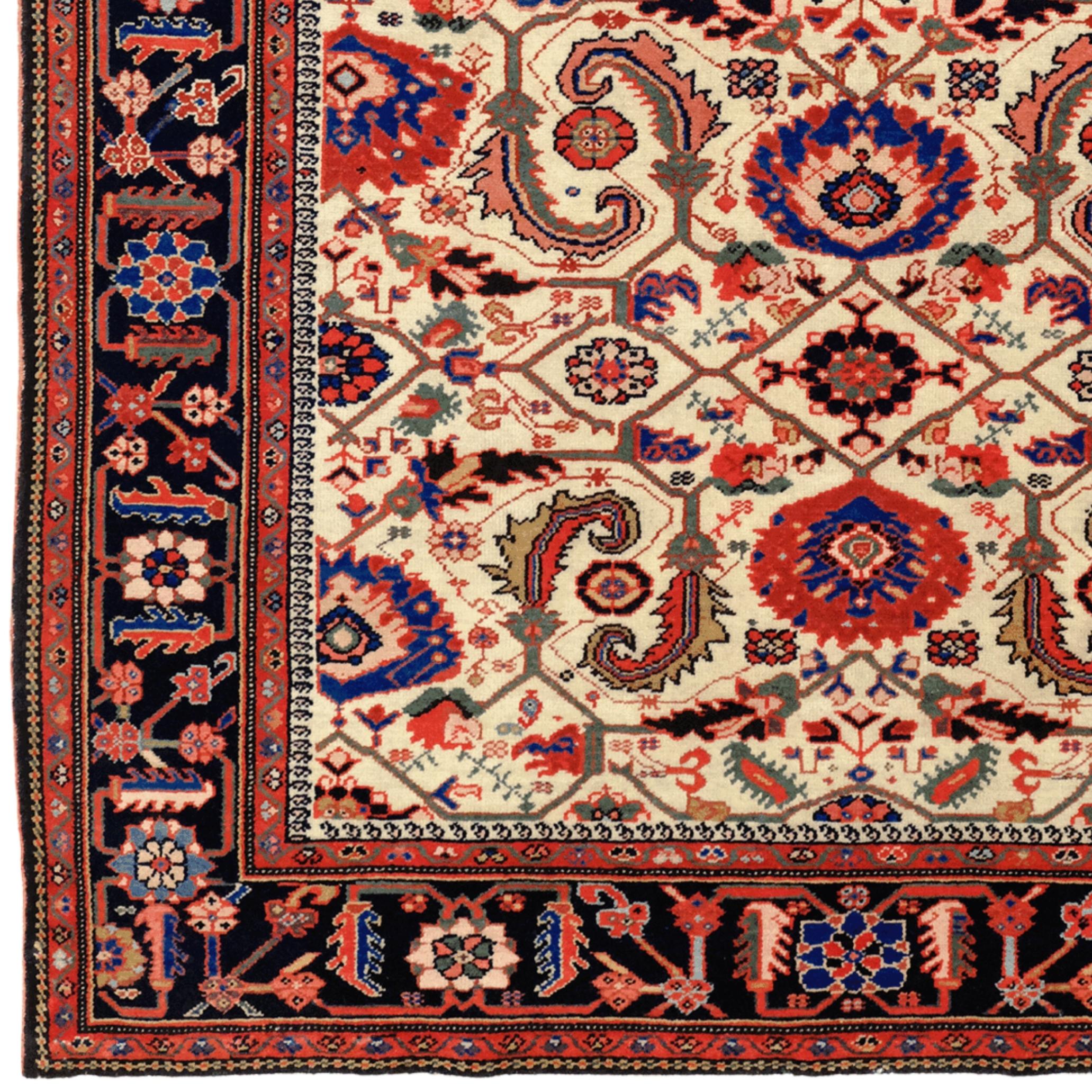 We are delighted to present this unique Malayer rug, an antique treasure dating from the 1880s. This rare rug was meticulously hand-woven by master weavers in the Malayer region of Iran.

The rug's striking patterns showcase an elegant blend of