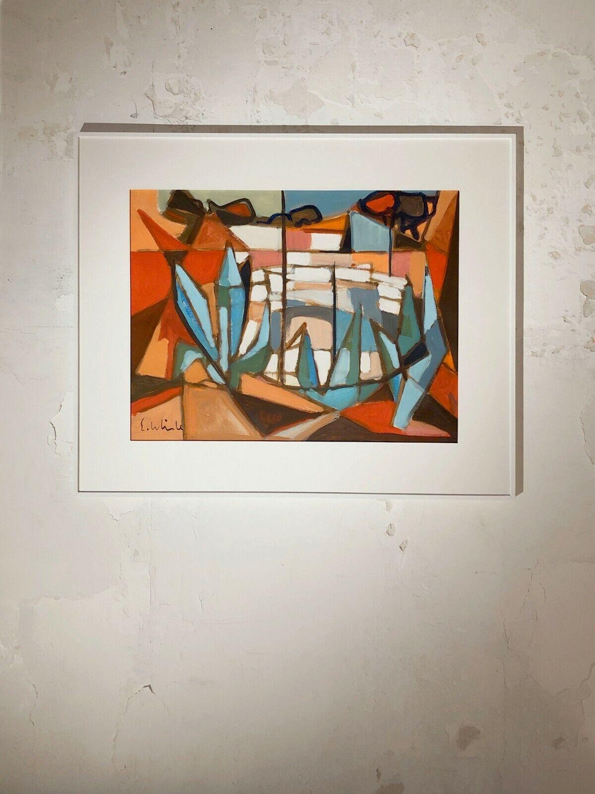 An authentic painting, both abstract and figurative work, Expressionist, Cubist, gouache on paper appearing to depict a happy stylized marine landscape, freely painted with a beautiful combination of warm joyful colors and modern expressive lines to