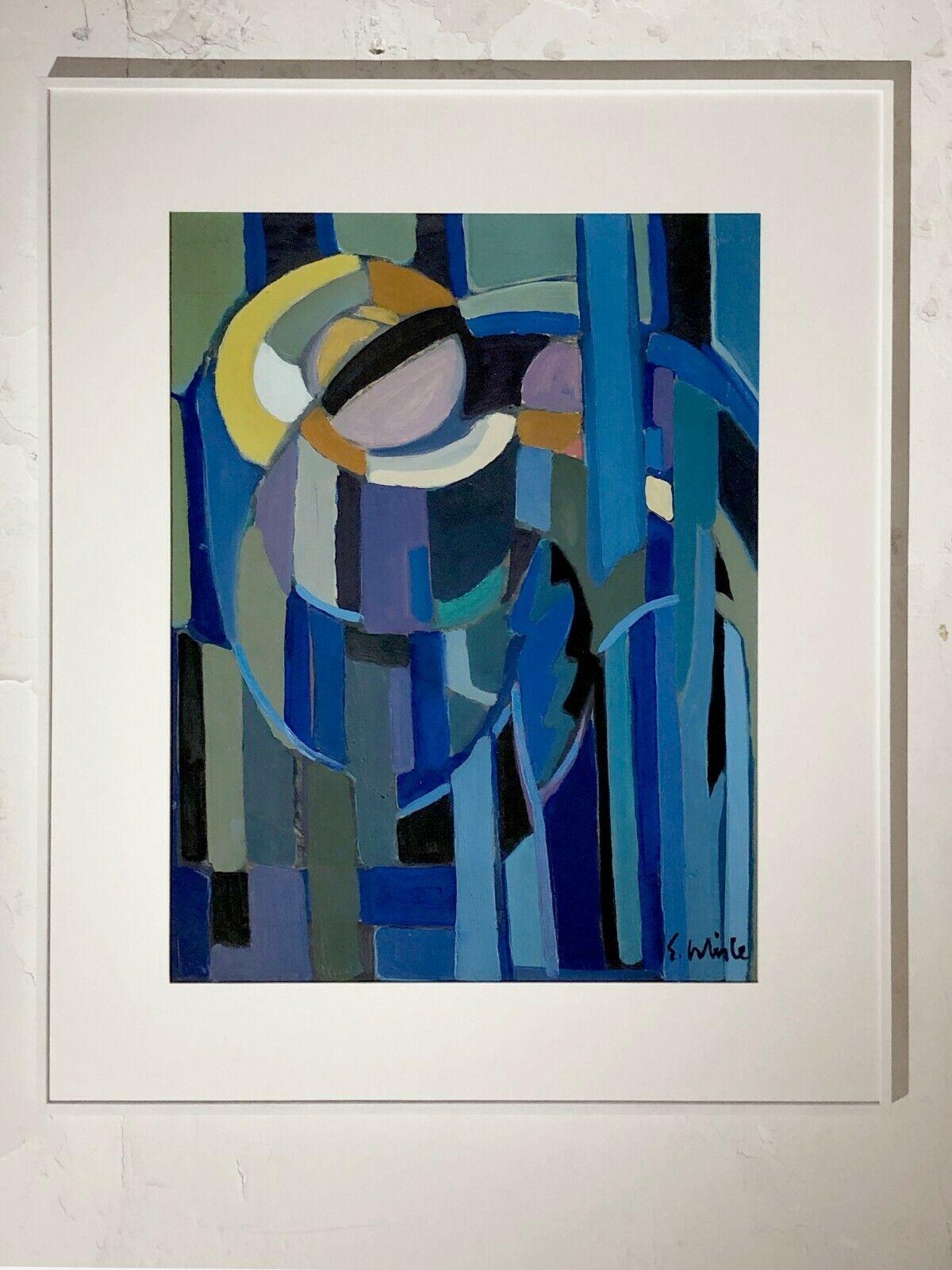 Une peinture authentique, à la fois abstraite et figurative, expressionniste, cubiste, gouache sur papier semblant représenter un paysage nocturne stylisé bleu, peint librement avec une belle combinaison de couleurs bleues et de lignes expressives