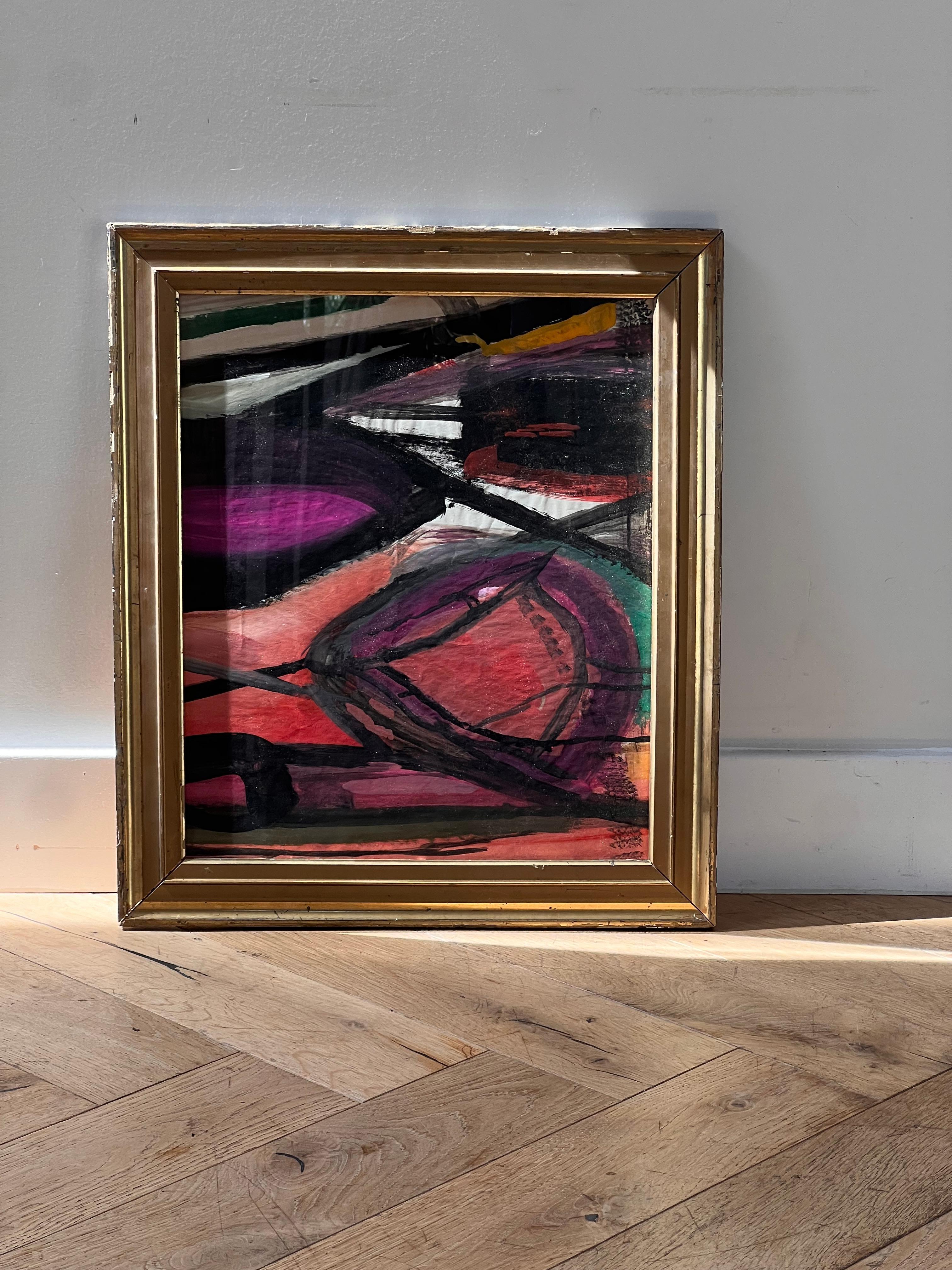 Ein originales abstraktes expressionistisches Werk auf Papier von Bernard Segal (1907-1986), New York Mitte des 20. Jahrhunderts. Die vorherrschenden Farbtöne sind Magenta, Lakritz und Grenadine mit leichten Anklängen an Teal und Ringelblume.