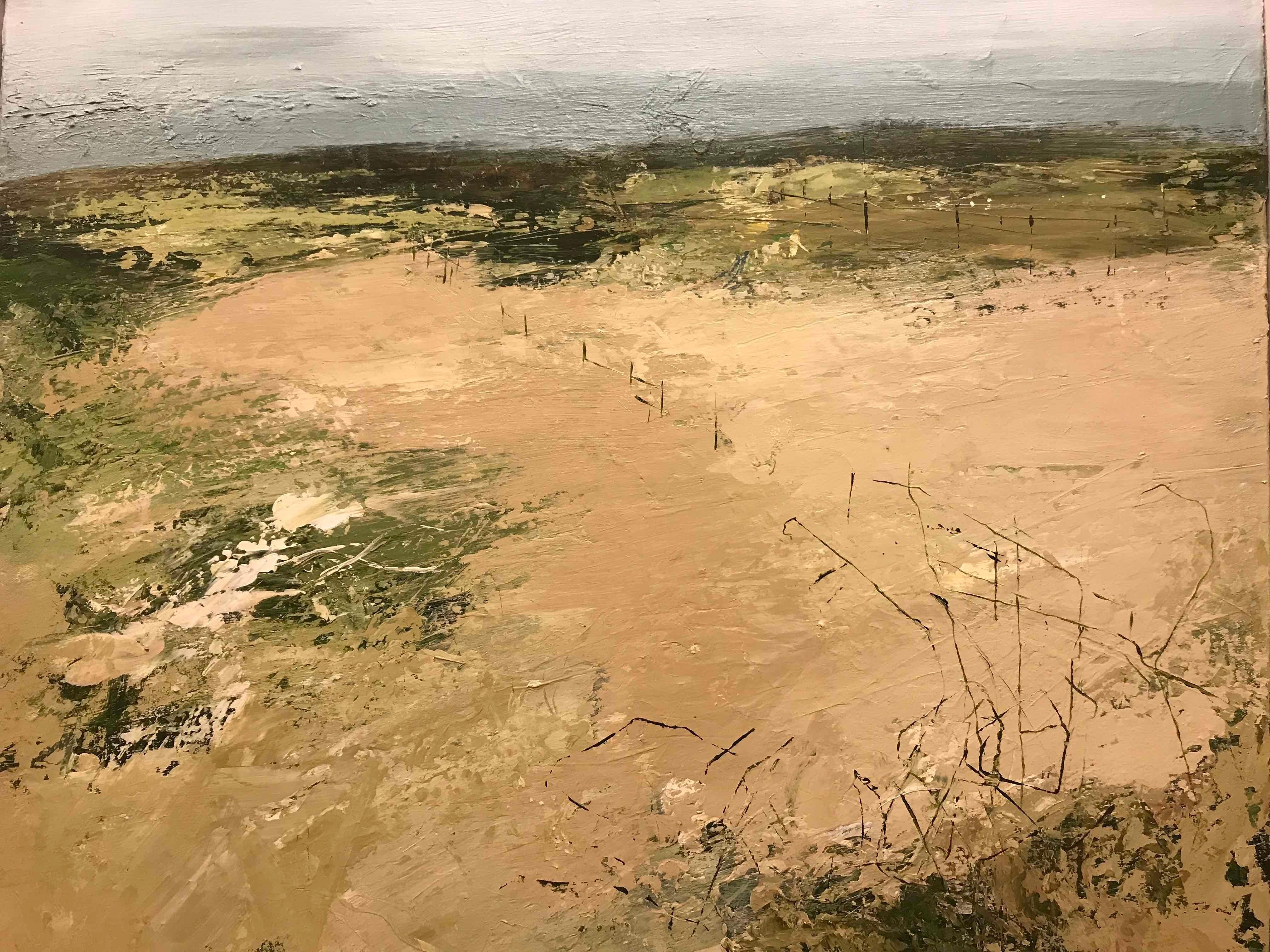 Abstract landscape oil painting on canvas by English artist Robert Eadie. With earthy greens and creamy yellows, Eadie depicts a stretch of sand and the scrubby beach dunes surrounding with fantastic proportions and a soft meditative