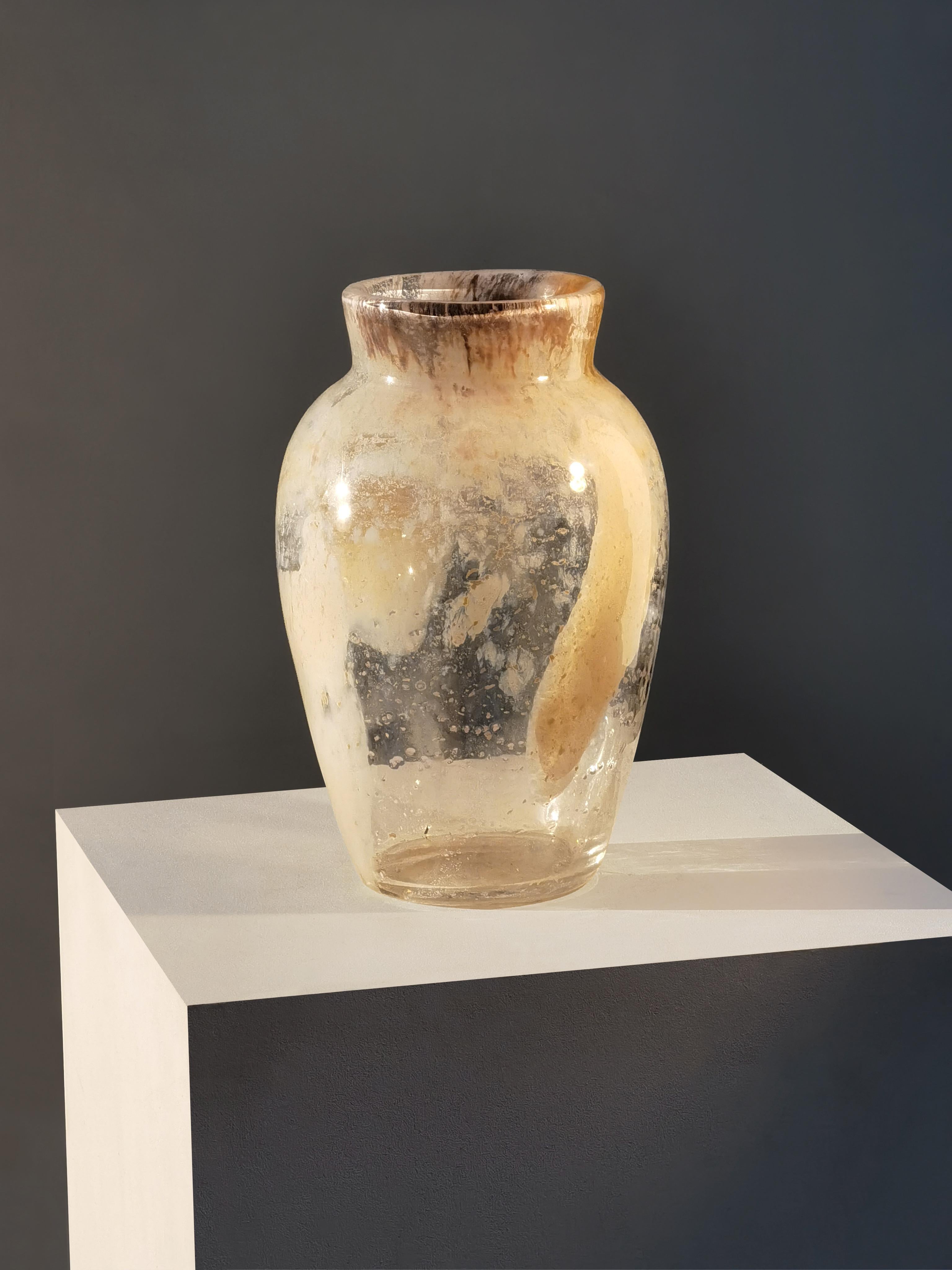 An important, generous, massive, sensual and spectacular Abstract, Neo-Classical, Shabby-Chic, super thick blown glass vase including organic and abstract effects in the glass body, creating light and color effects, reflections, by yet anonymous