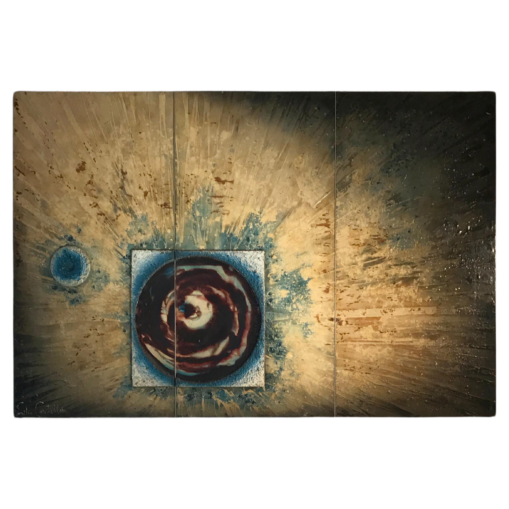 An authentic and important psychedelic triptych painting, Abstract, Op-Art, Space-Age, hypnotic and dynamic composition of yellowish and brown tones, with galactic circles in relief enhanced by cyan areas, entitled 