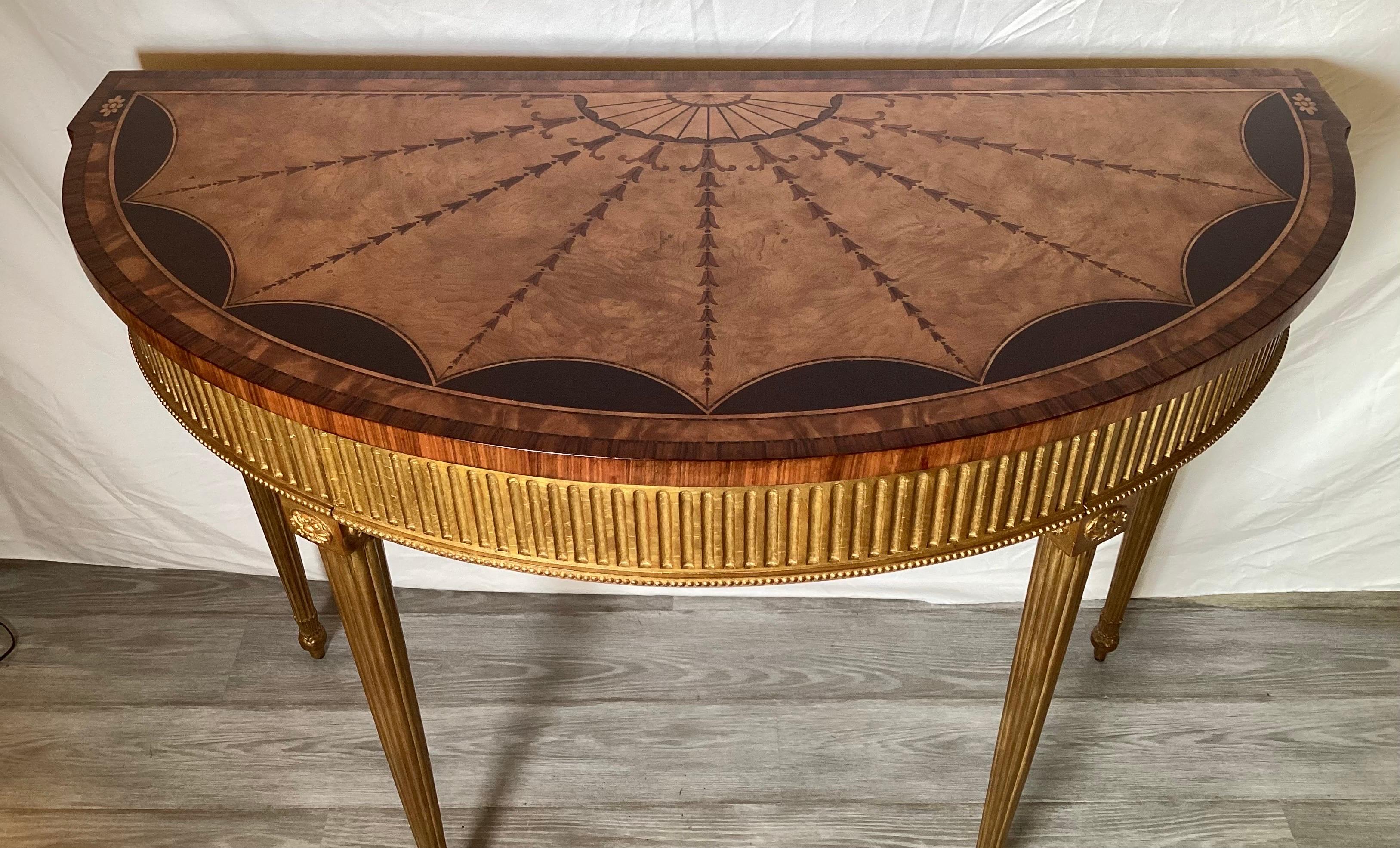 An Adam Style Giltwood Mahogany and Satinwood Demilune Console Table  In Excellent Condition For Sale In Lambertville, NJ