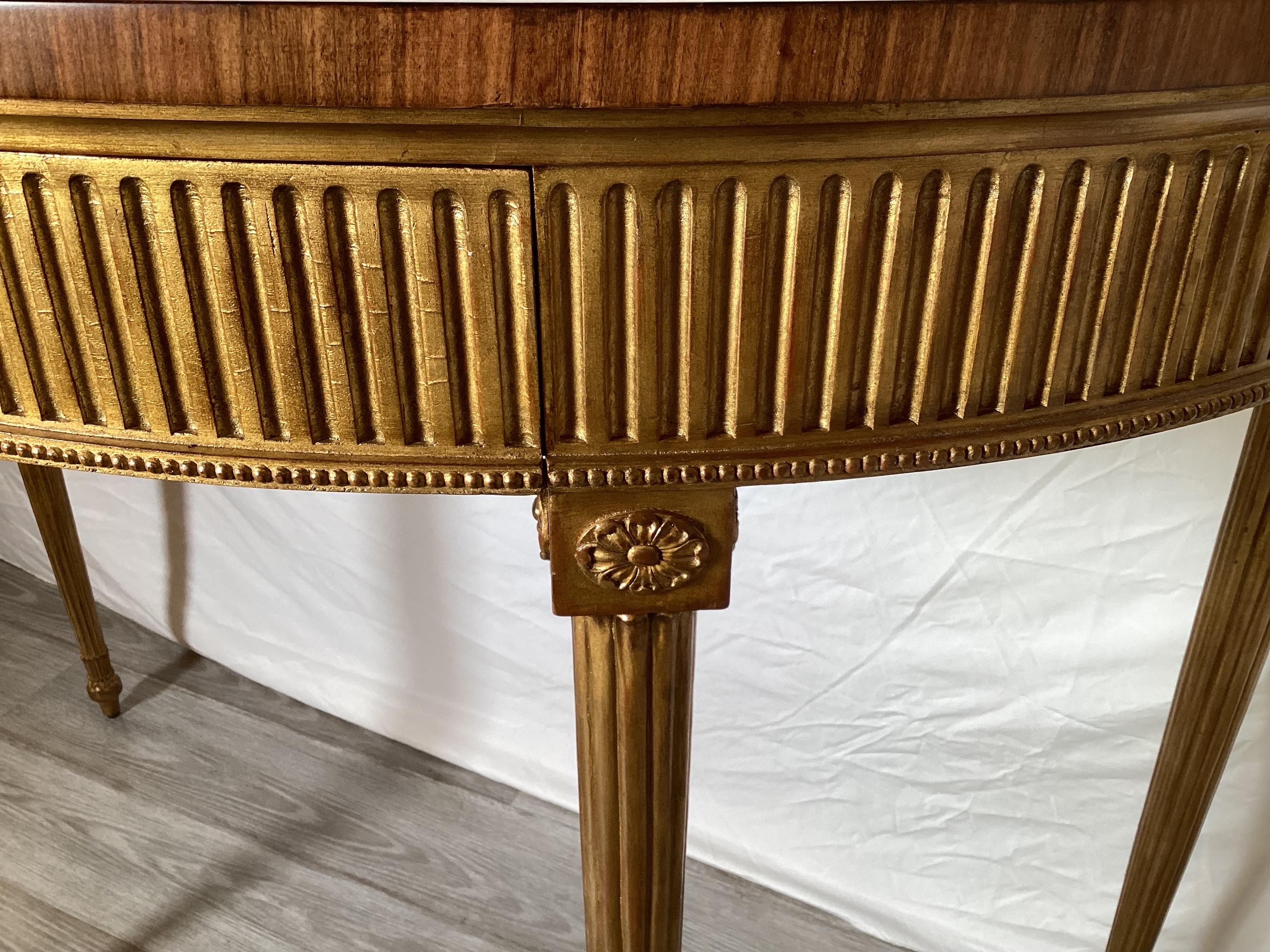 An Adam Style Giltwood Mahogany and Satinwood Demilune Console Table  For Sale 3