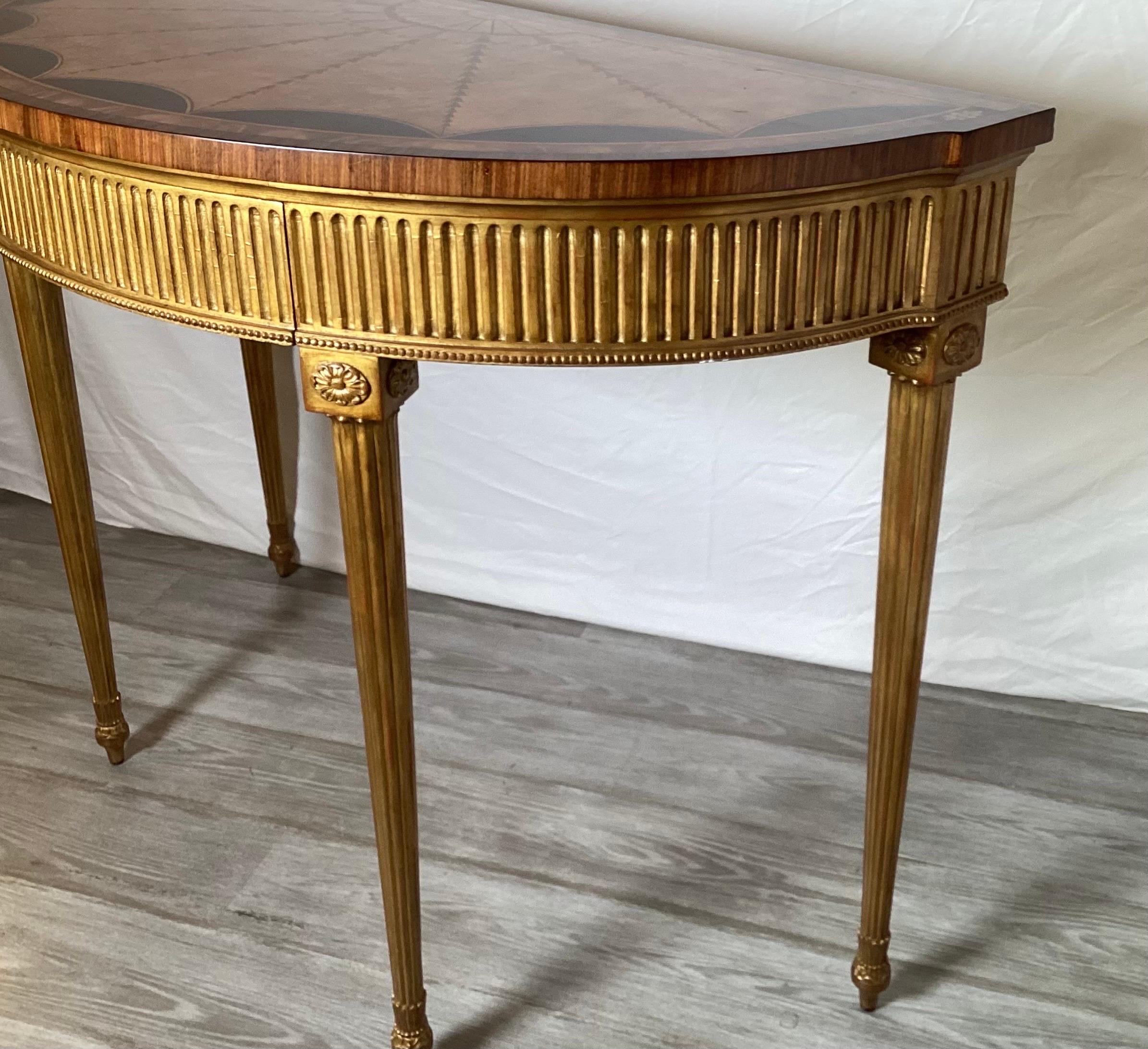 An Adam Style Giltwood Mahogany and Satinwood Demilune Console Table  For Sale 5