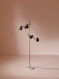An adjustable Italian midcentury floor lamp with four lights, brass and marble